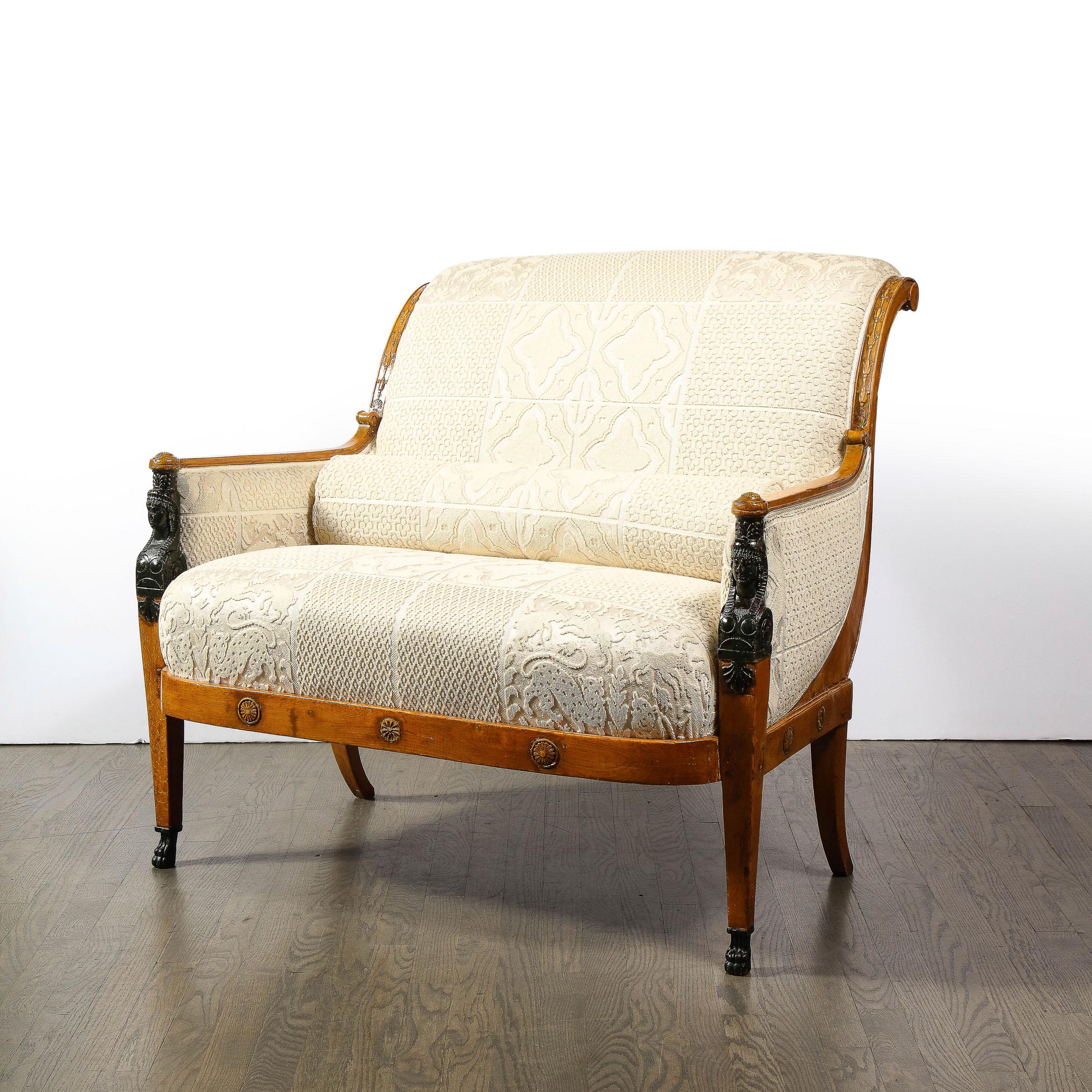 Mid-19th Century Biedermeier Neoclassical Settee with Scroll Form Back & Saber Leg Supports  For Sale