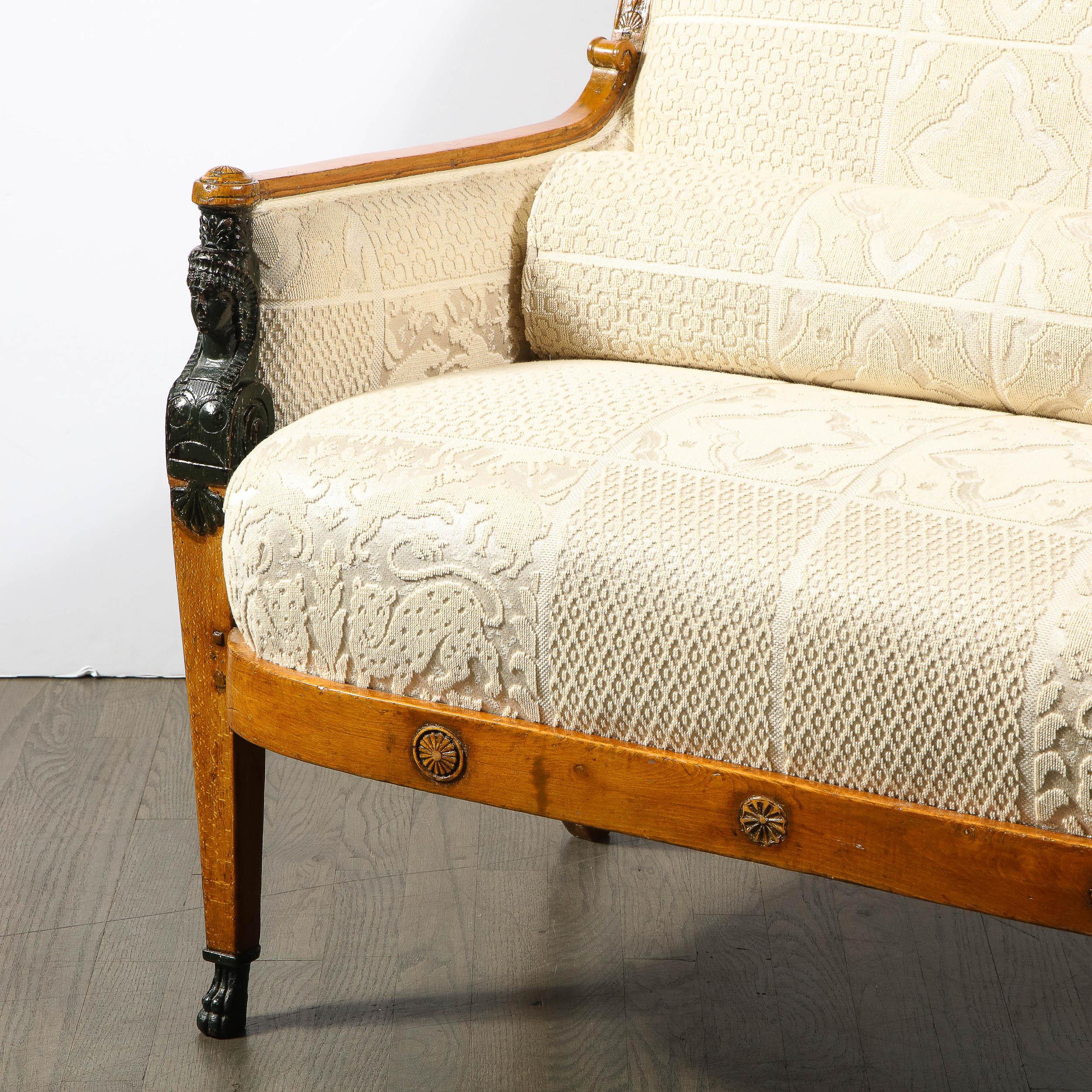 Hardwood Biedermeier Neoclassical Settee with Scroll Form Back & Saber Leg Supports  For Sale