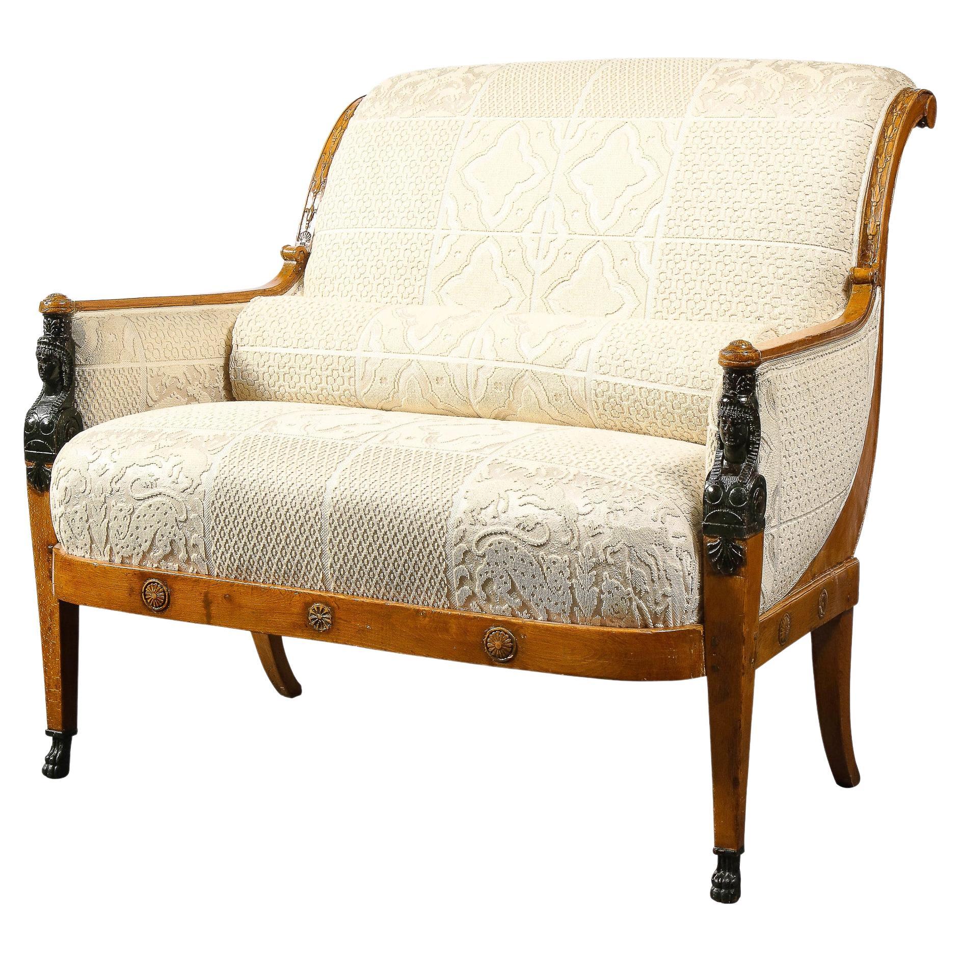 Biedermeier Neoclassical Settee with Scroll Form Back & Saber Leg Supports For Sale