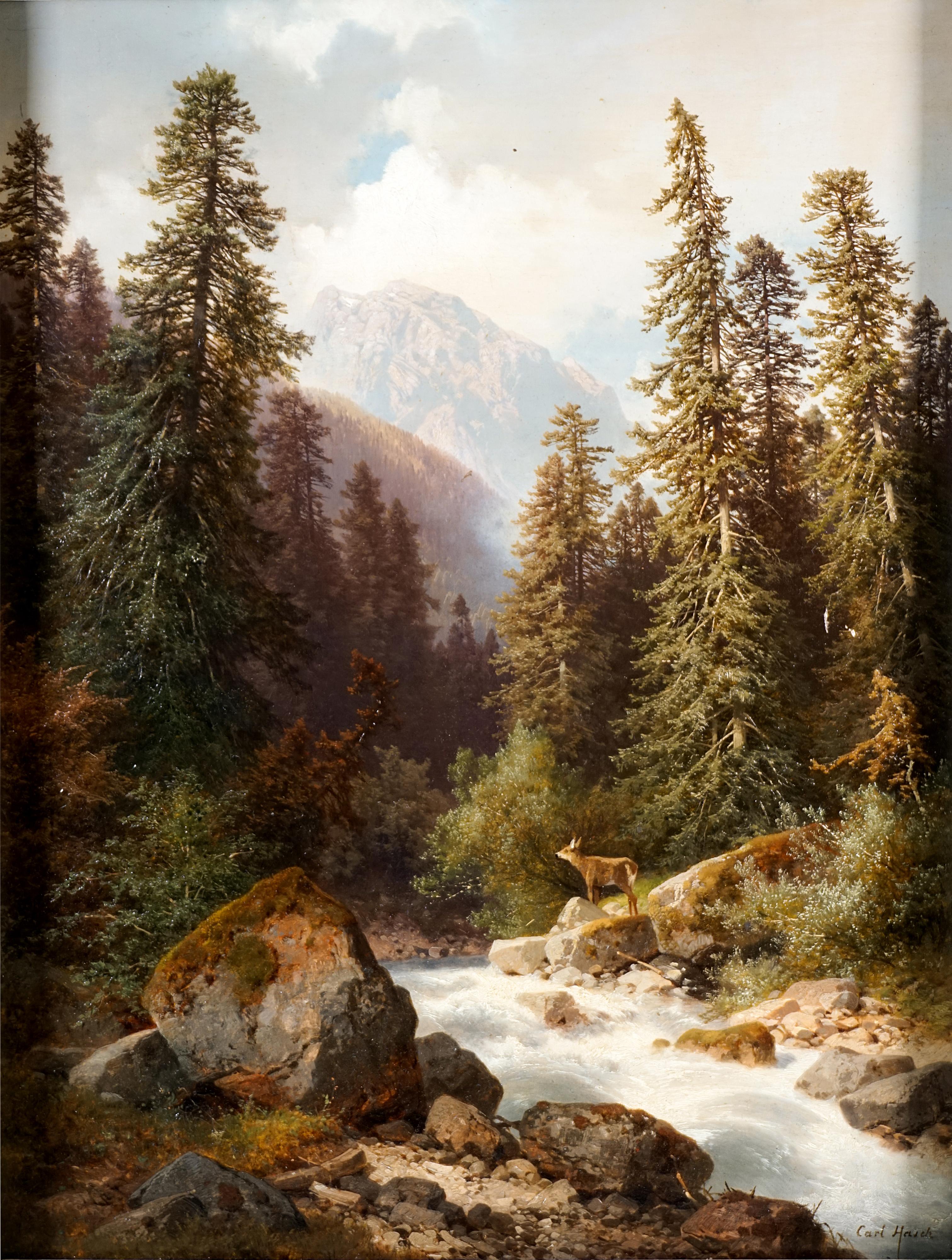 Hirsche auf einer Waldlichtung an einem Gebirgsbach
Öl auf Holzplatte
Unterzeichnet 'Carl Hasch'.
In einem schweren, grünlichen Naturholzrahmen


Landschaftsgemälde: Idyllische Darstellung eines Rehs auf einer Waldlichtung am Rande eines