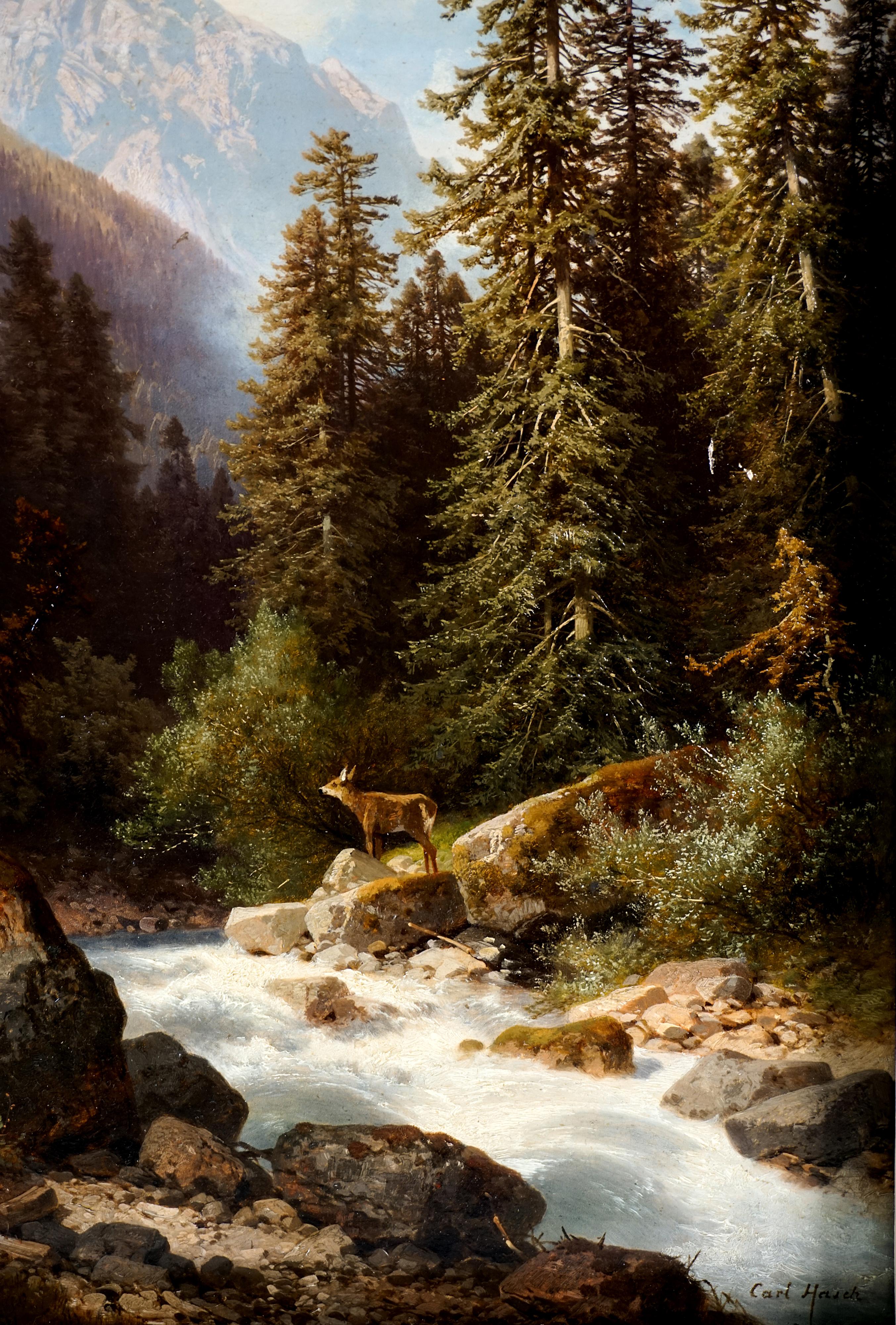 Biedermeier Ölgemälde, Hirsch am Bergstamm, von Carl Hasch, Österreich, 1875 (Österreichisch) im Angebot