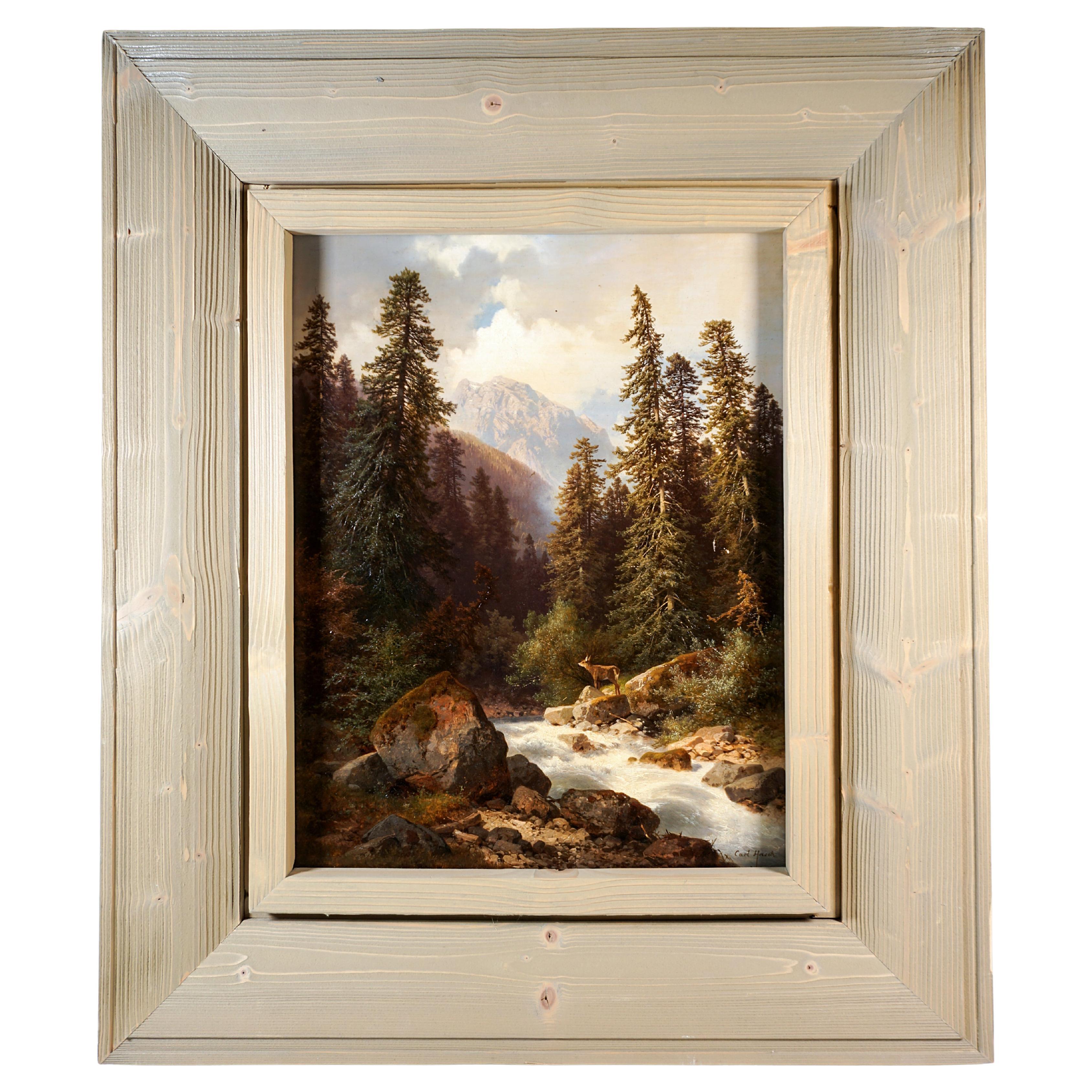 Biedermeier Ölgemälde, Hirsch am Bergstamm, von Carl Hasch, Österreich, 1875