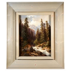 Biedermeier Ölgemälde, Hirsch am Bergstamm, von Carl Hasch, Österreich, 1875