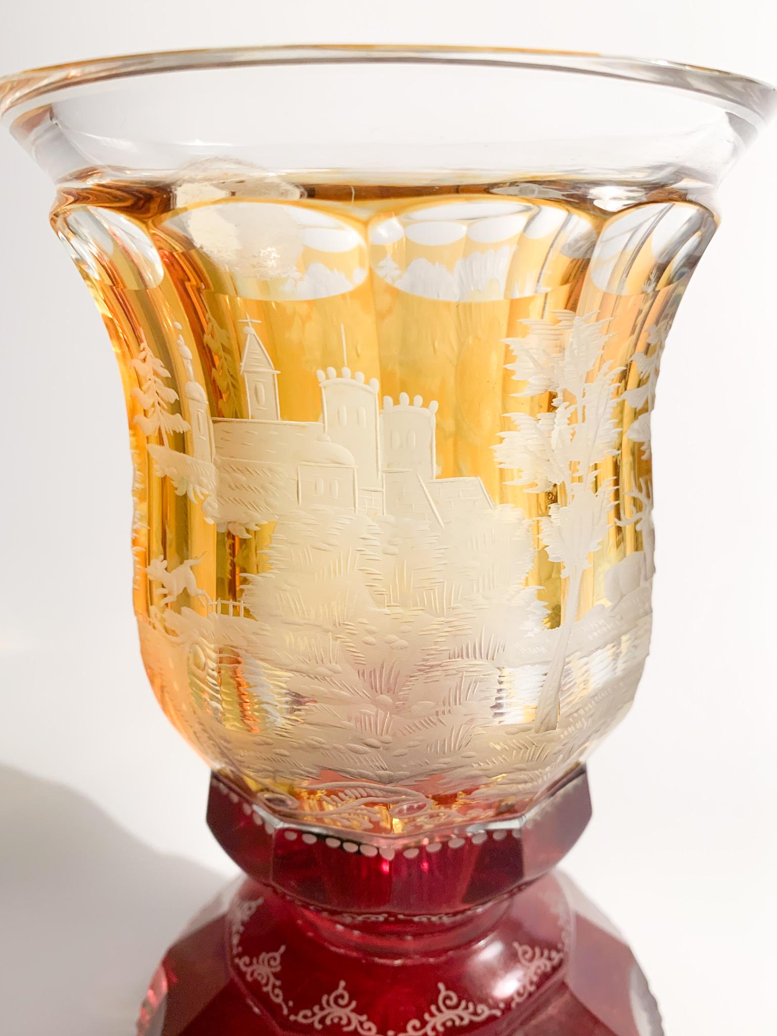 German Biedermeier Orange and Red Crystal Glass with Acid Decorations from the 1800s