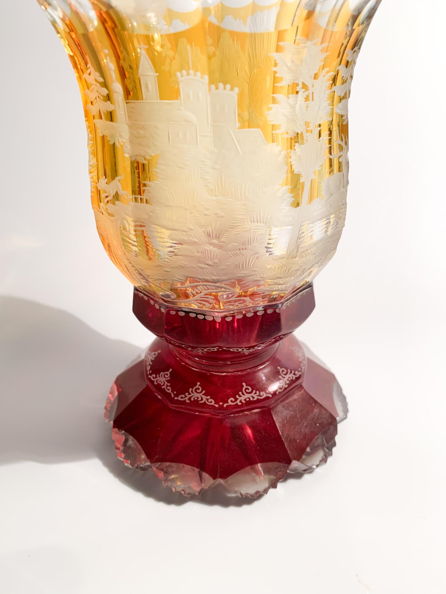 Biedermeier Orange and Red Crystal Glass with Acid Decorations from the 1800s In Good Condition In Milano, MI