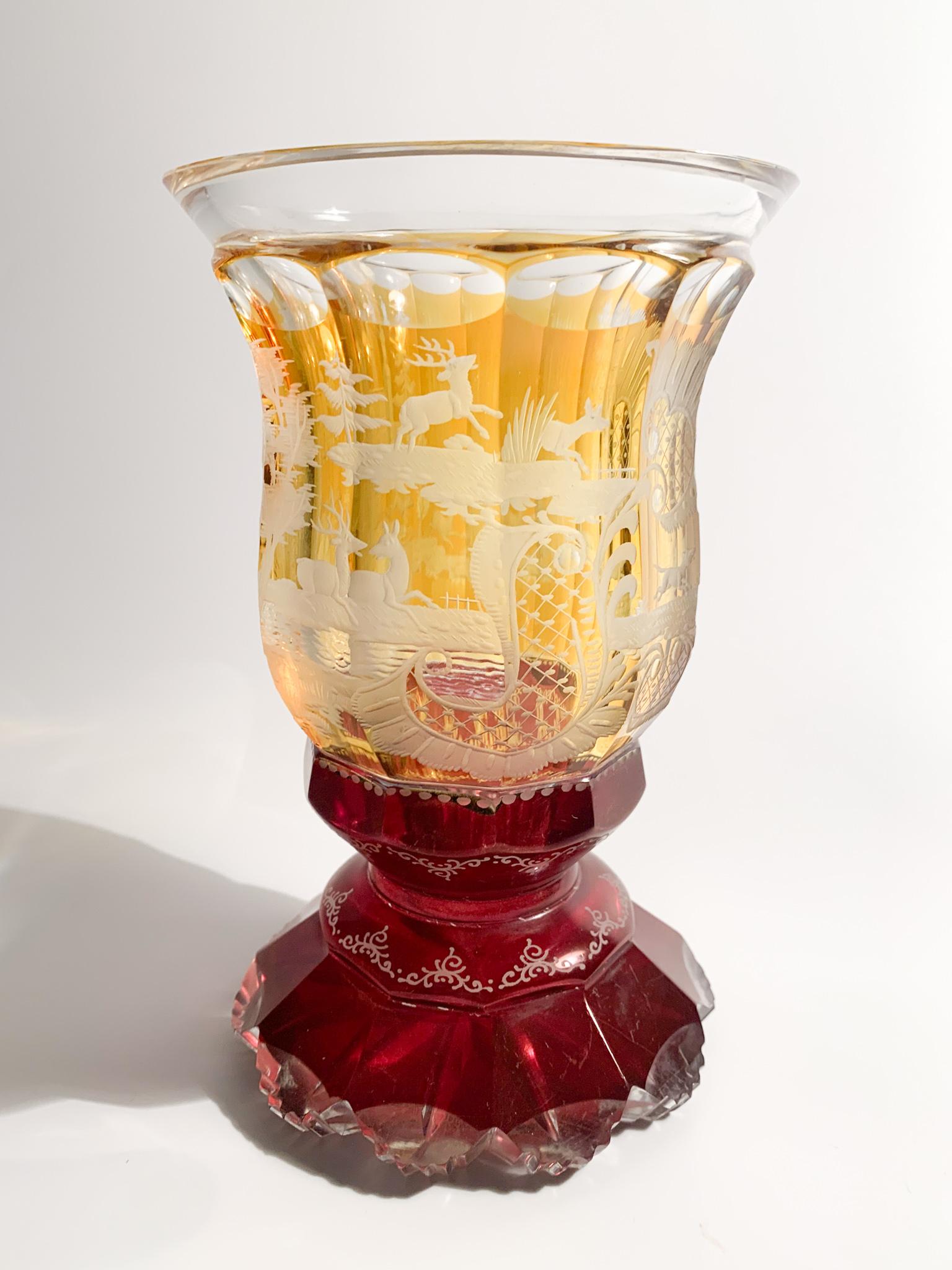 Biedermeier Orange and Red Crystal Glass with Acid Decorations from the 1800s 1