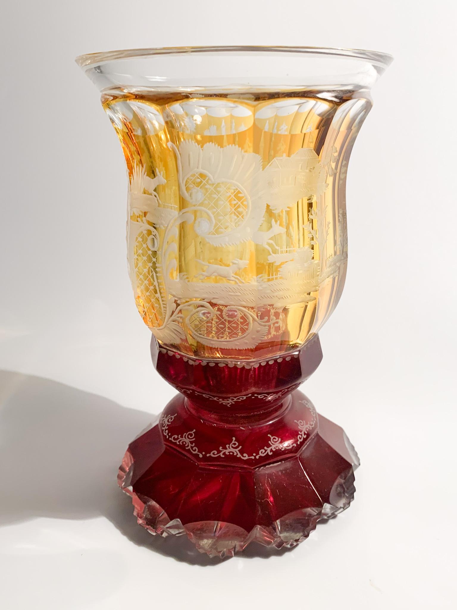 Biedermeier Orange and Red Crystal Glass with Acid Decorations from the 1800s 2