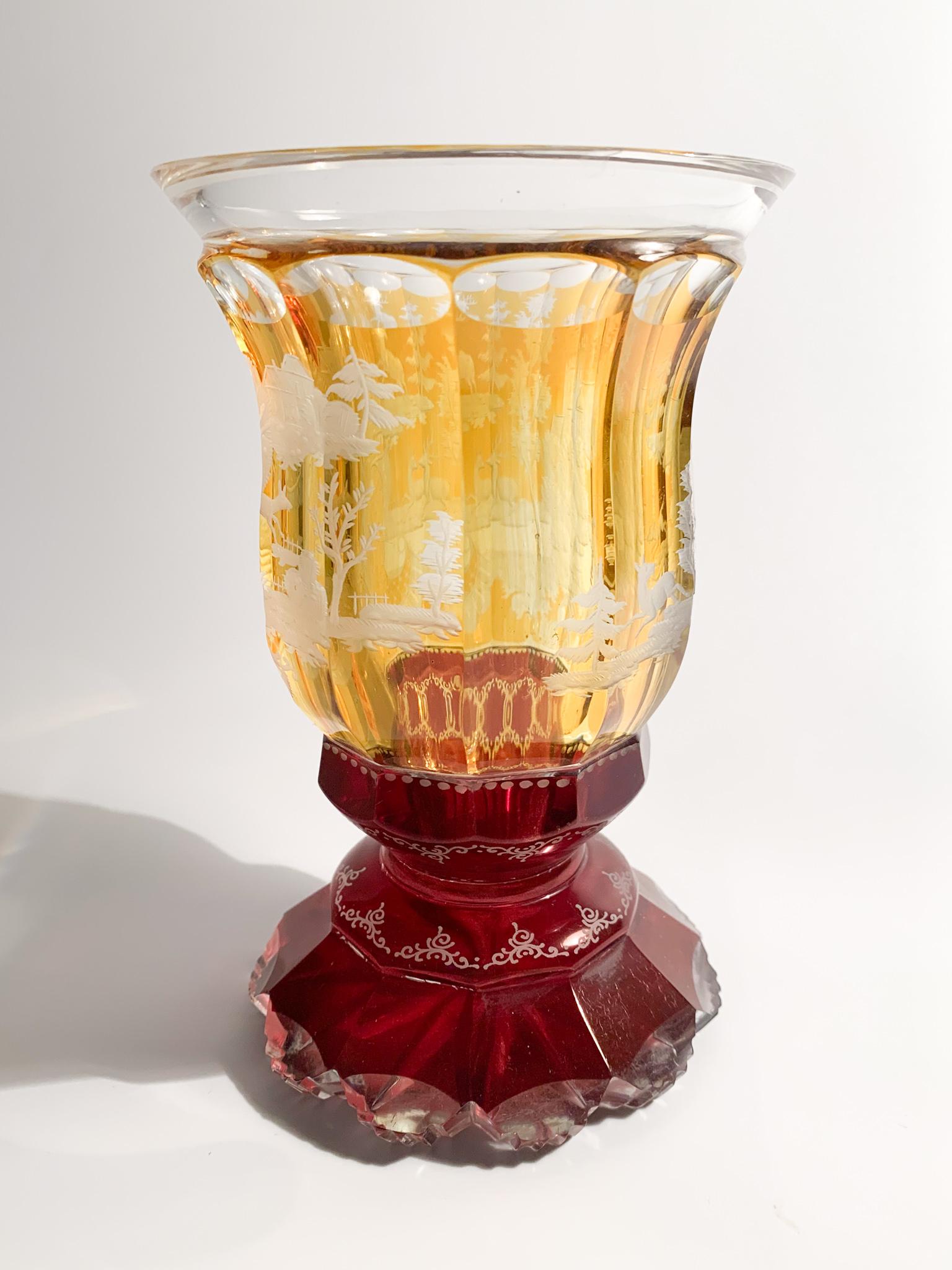 Biedermeier Orange and Red Crystal Glass with Acid Decorations from the 1800s 3