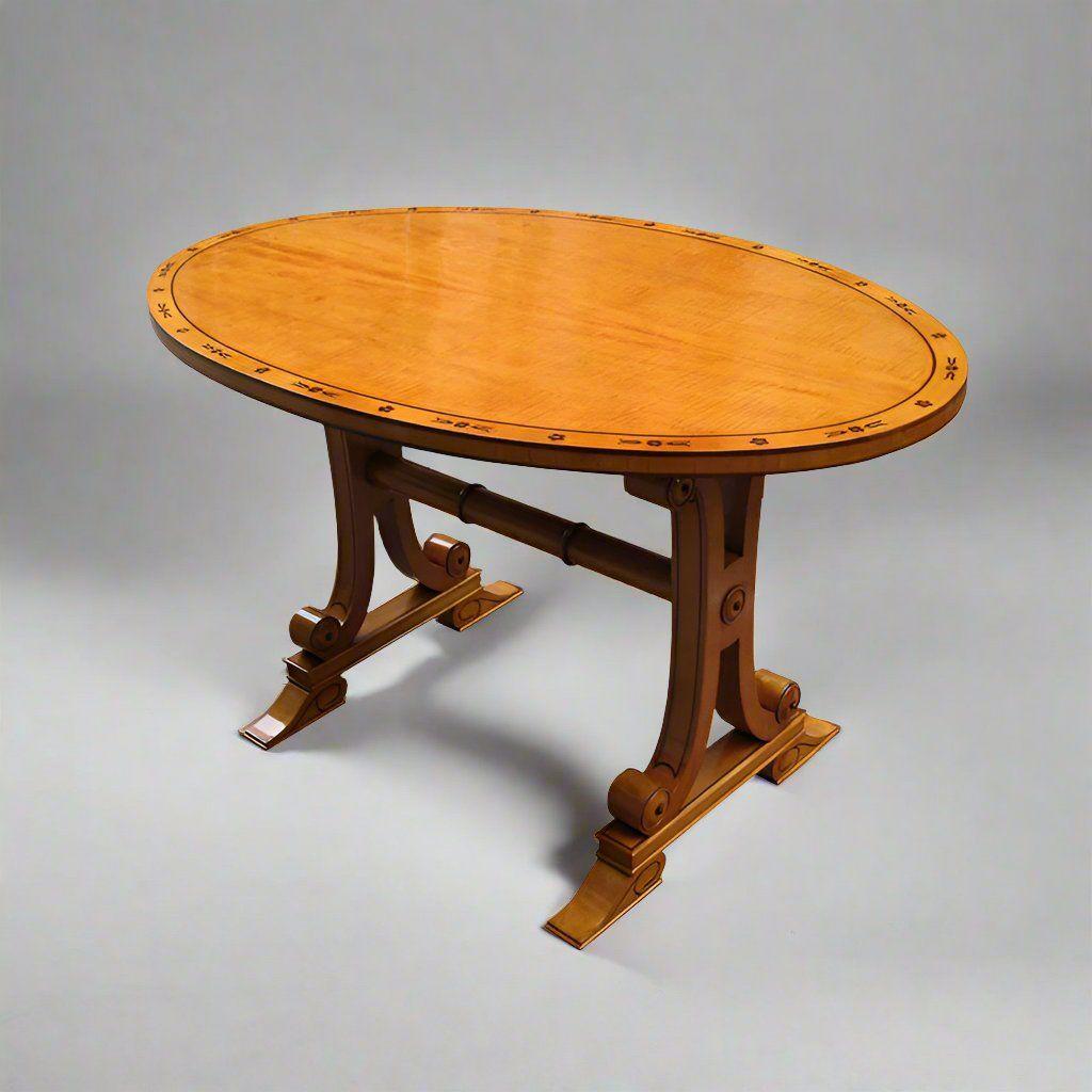 A fine Biedermeier oval library table. Ash with mahogany inlay and carved details on the base.