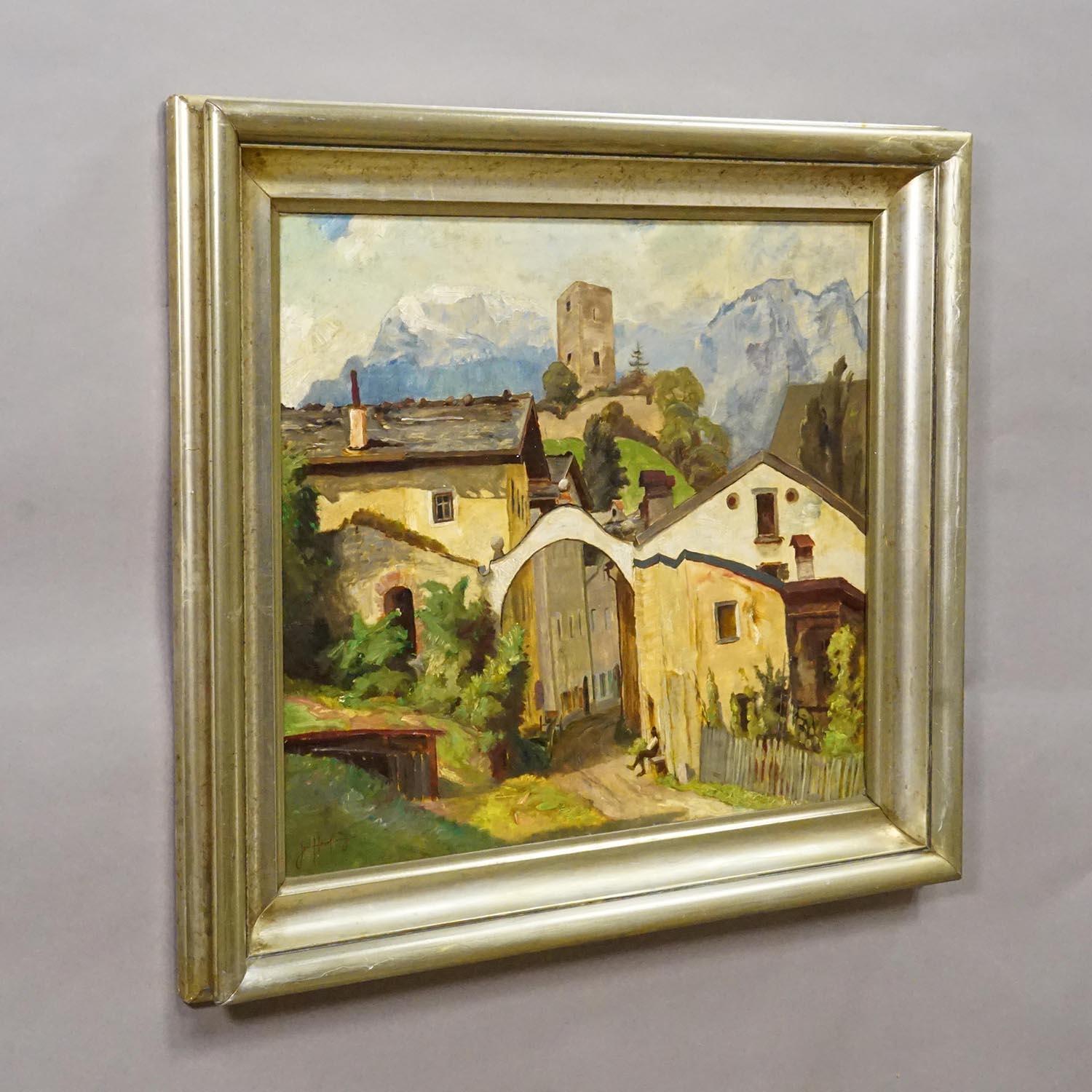 Biedermeier-Gemälde eines europäischen Alpendorfs Ende des 19.

Ein antikes viktorianisches Landschaftsgemälde, gerahmt in einem silberfarbenen Rahmen. Gemalt in Öl auf Holz von dem deutschen Maler Josef Henfling (1877-1950) im späten 19.