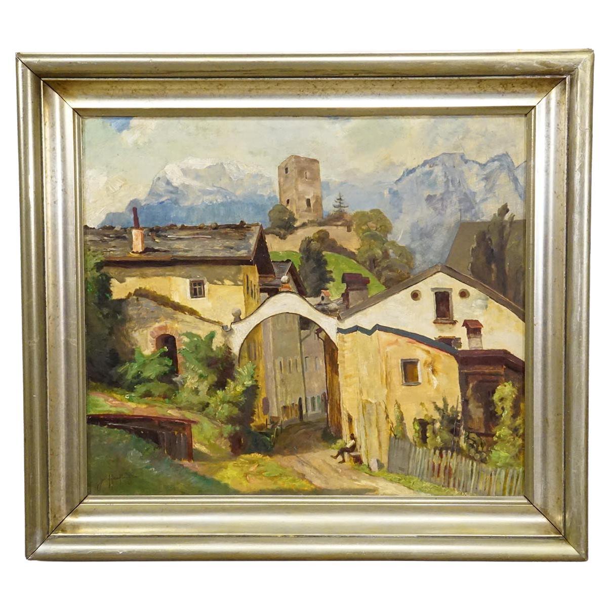 Biedermeier-Gemälde eines europäischen Alpendorfs Ende des 19.