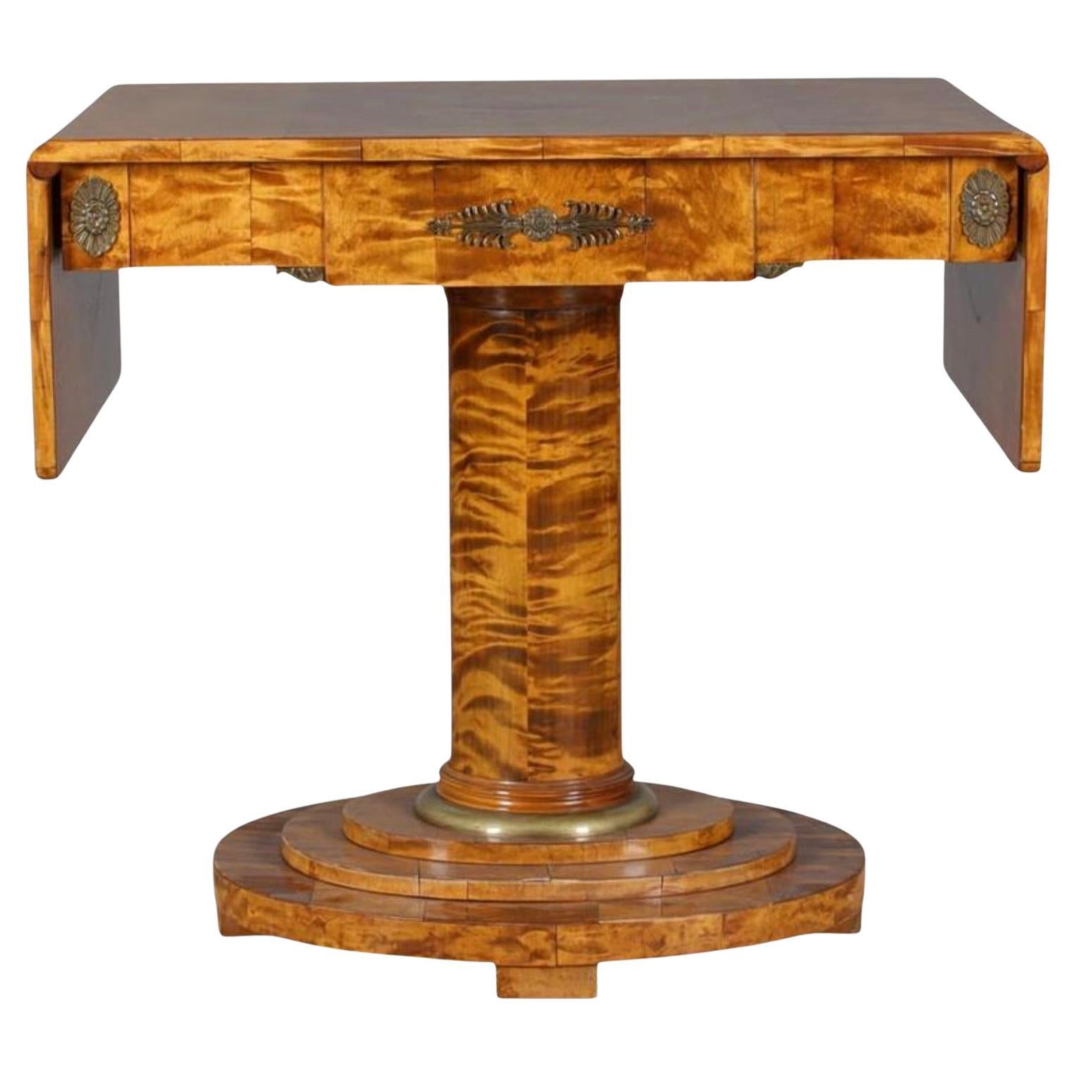 Biedermeier Pedestal Drop-Leaf Table Empire Golden Birch Inlay For Sale