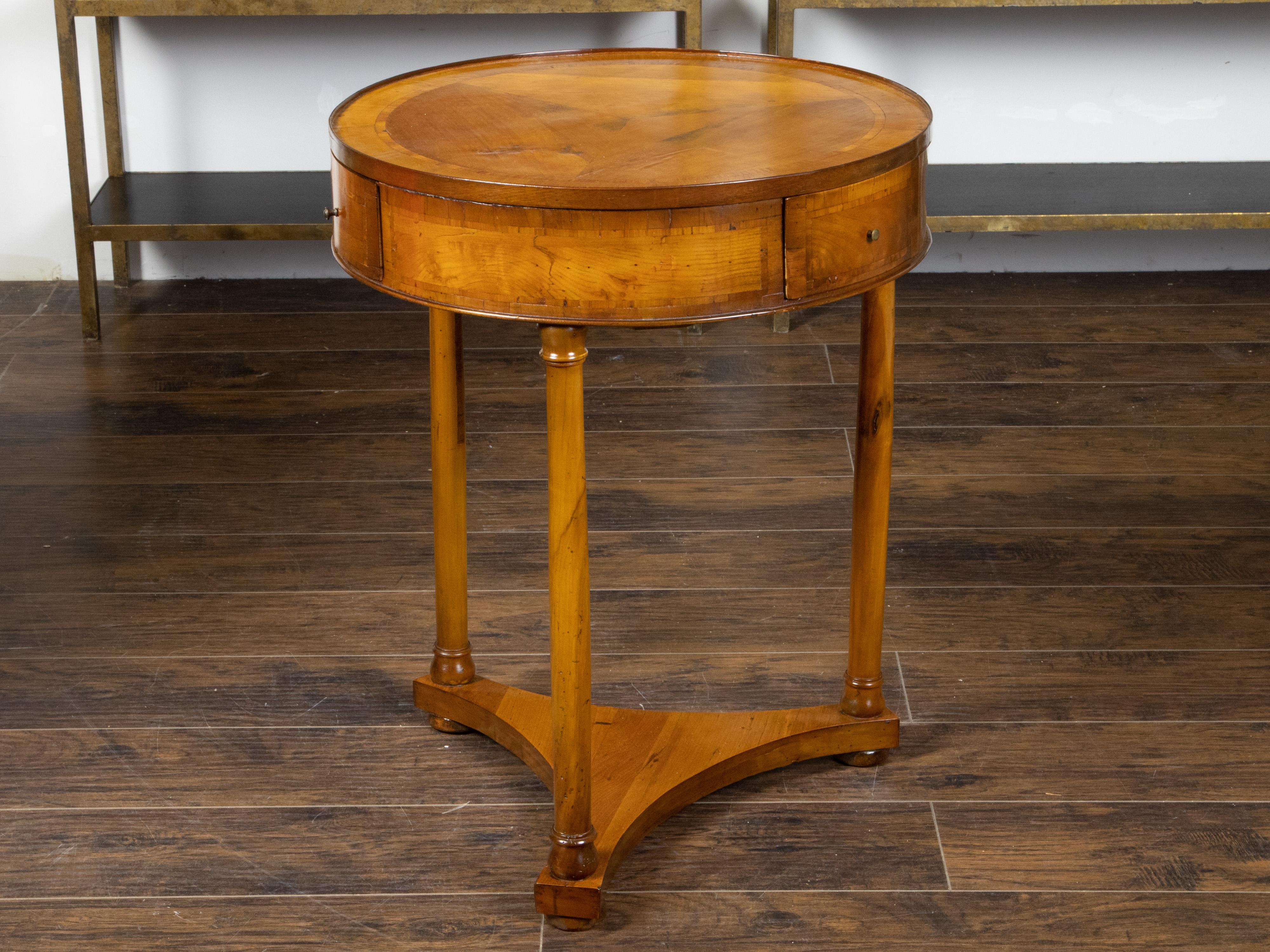 Veneer Biedermeier Period 1840s Table with Round Top, Three Drawers and Column Legs For Sale