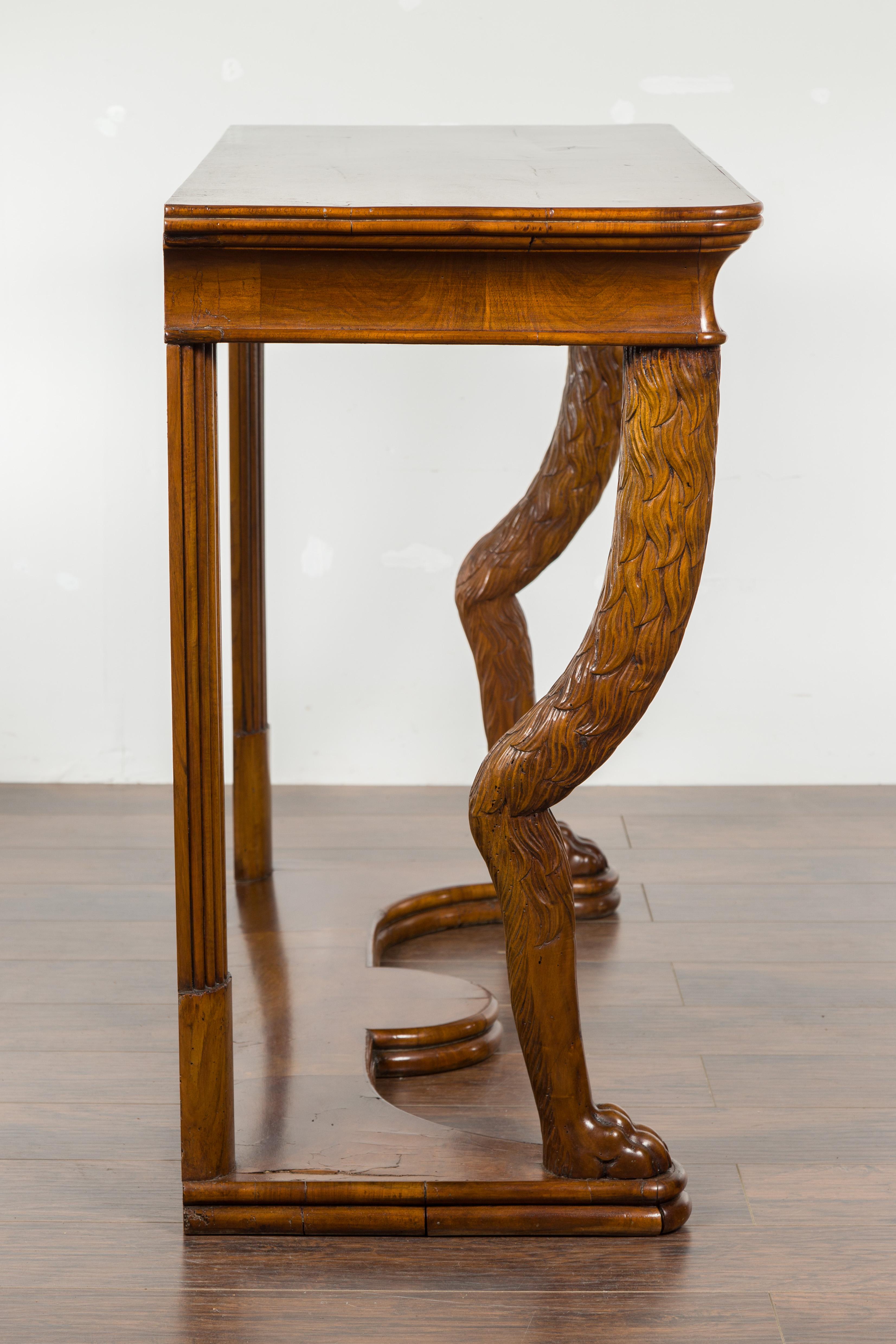 Biedermeier Period 1840s Walnut Console Table with Fur Style Legs and Paw Feet 11