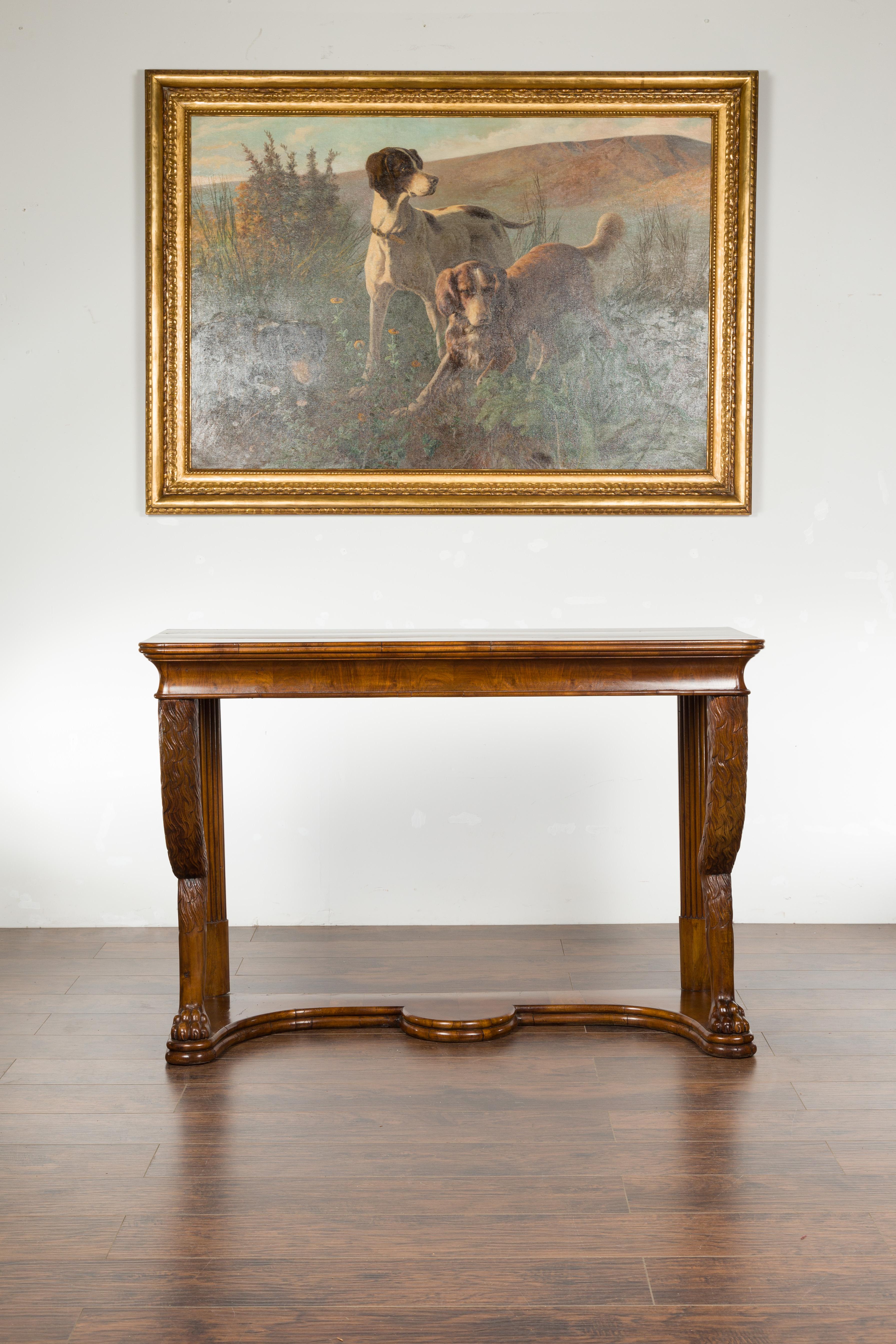 Biedermeier Period 1840s Walnut Console Table with Fur Style Legs and Paw Feet In Good Condition In Atlanta, GA