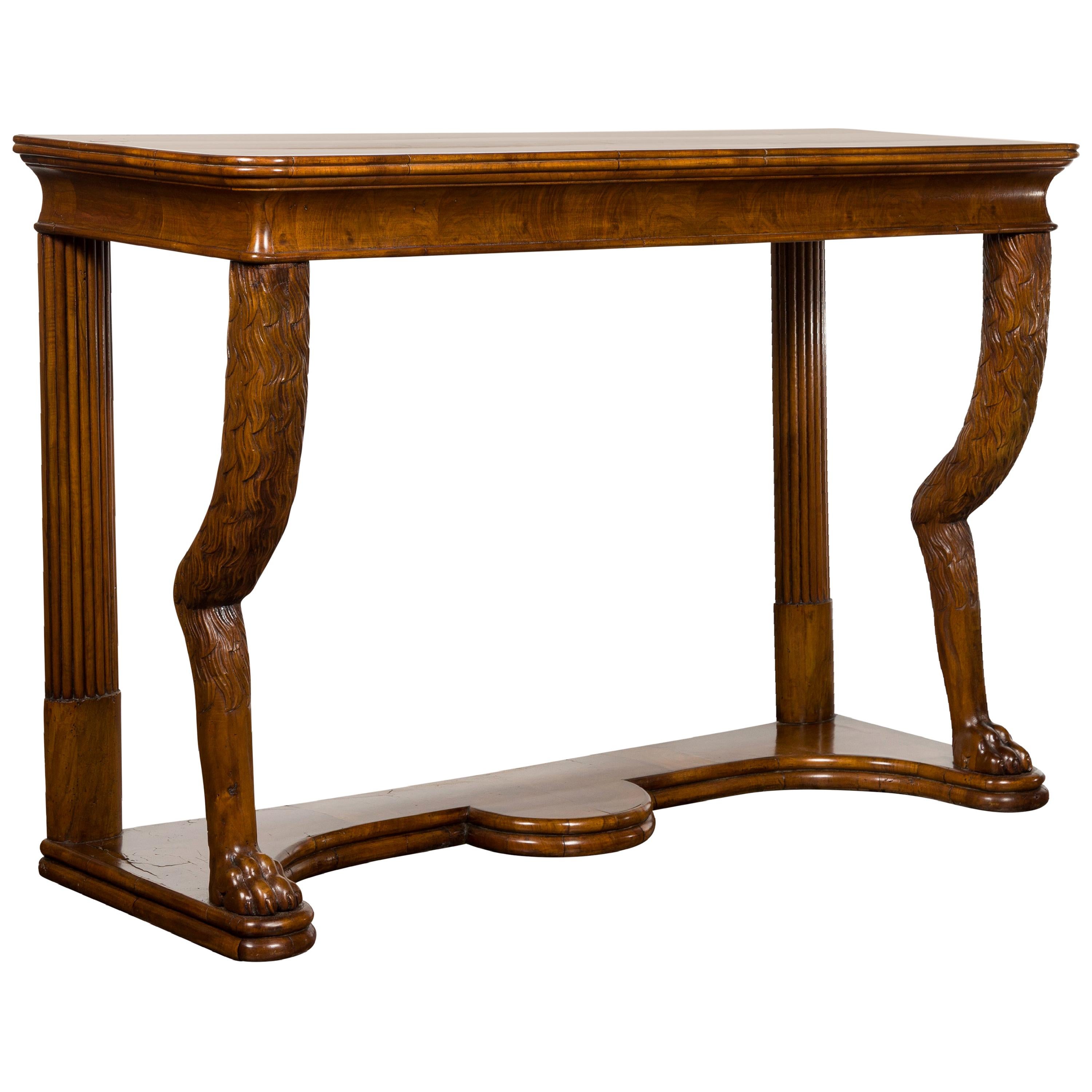 Biedermeier Period 1840s Walnut Console Table with Fur Style Legs and Paw Feet