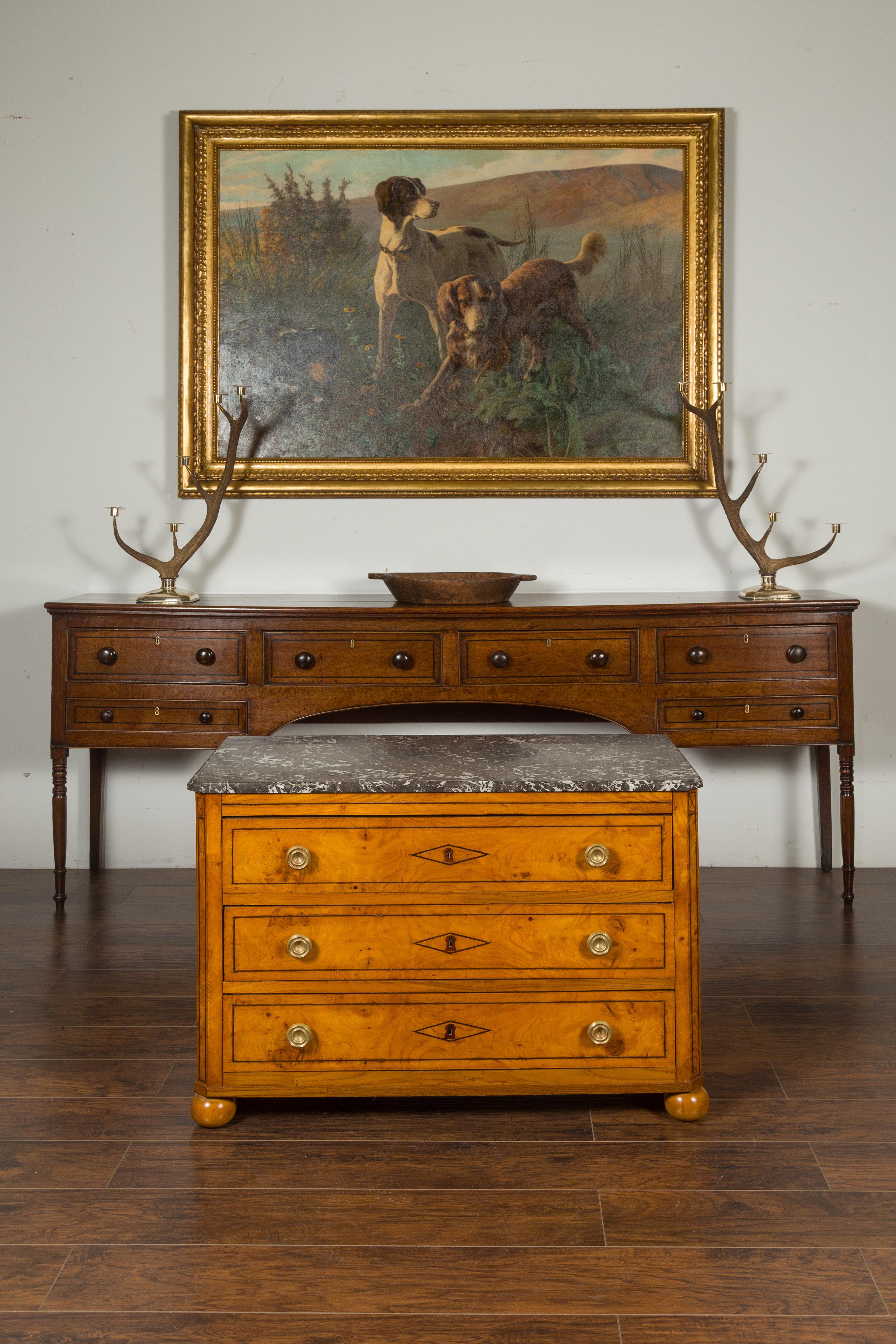 Austrian Biedermeier Period 1840s Walnut Three-Drawer Commode with Grey Marble Top For Sale