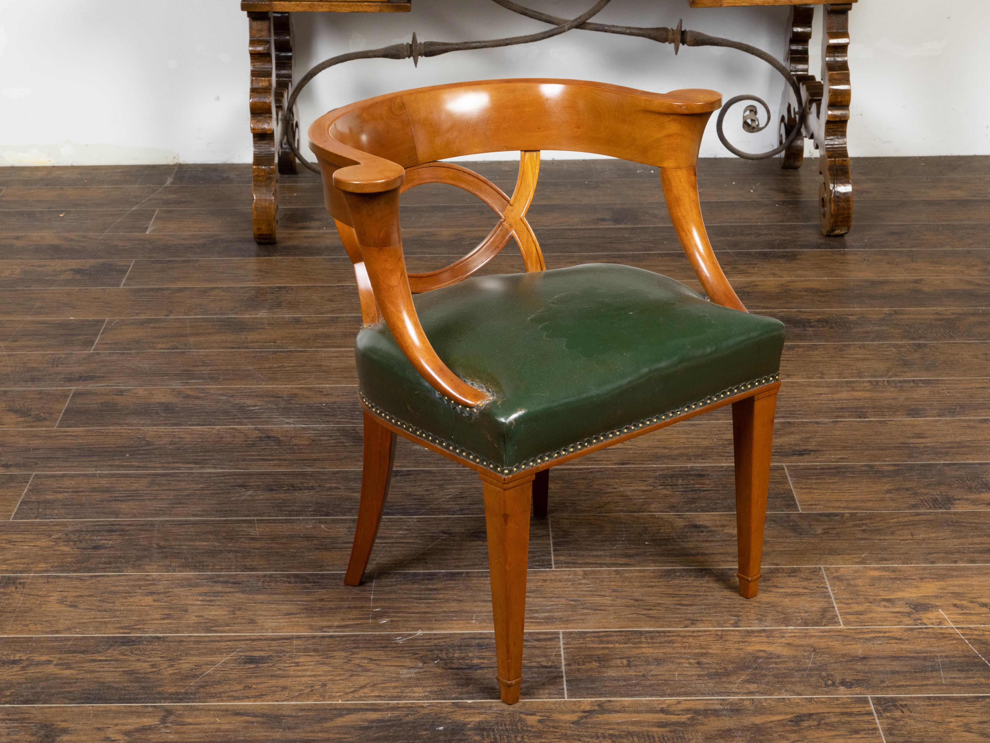 Austrian Biedermeier Period 19th Century Horseshoe Back Armchair with Green Upholstery