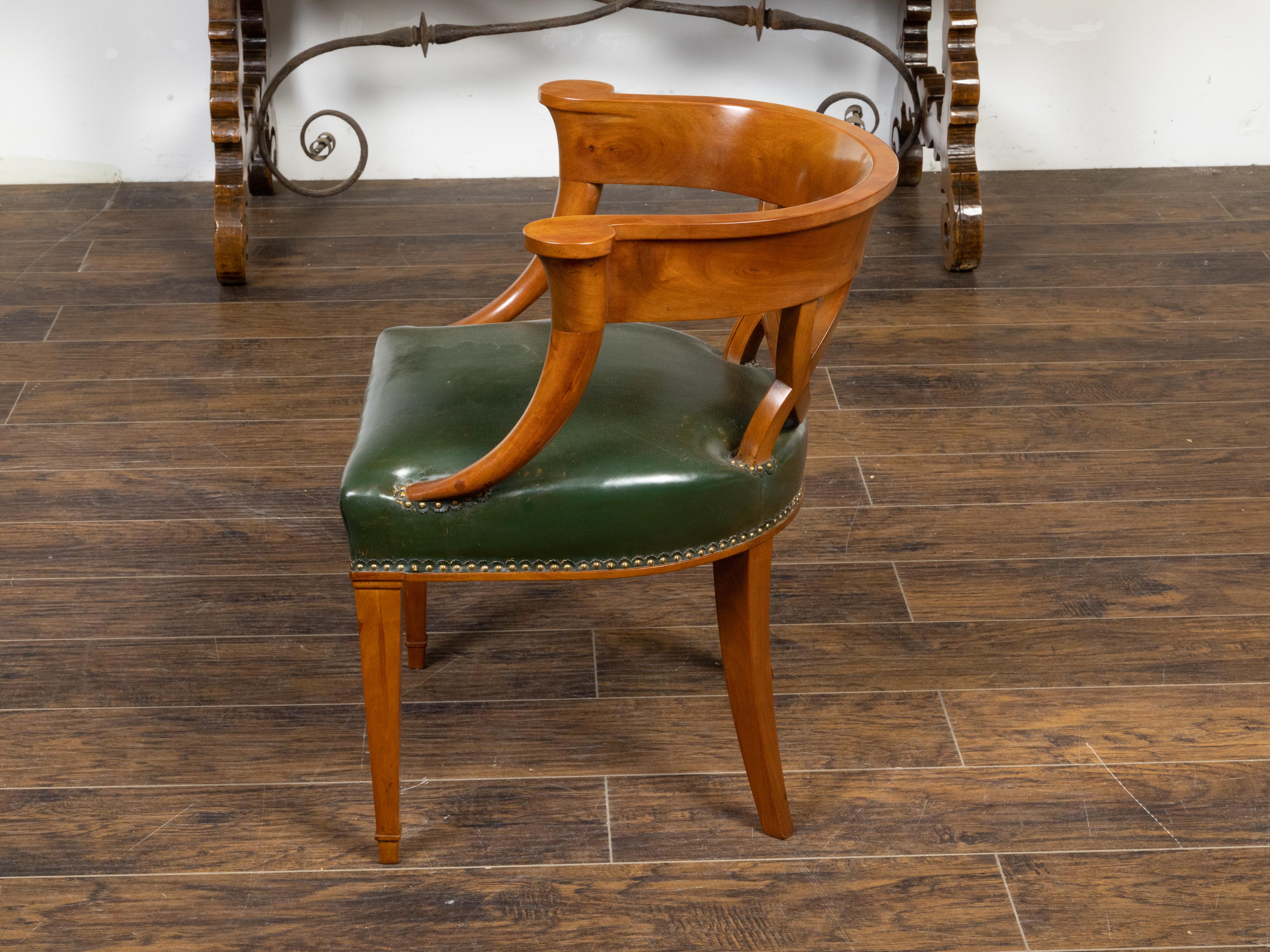 Brass Biedermeier Period 19th Century Horseshoe Back Armchair with Green Upholstery