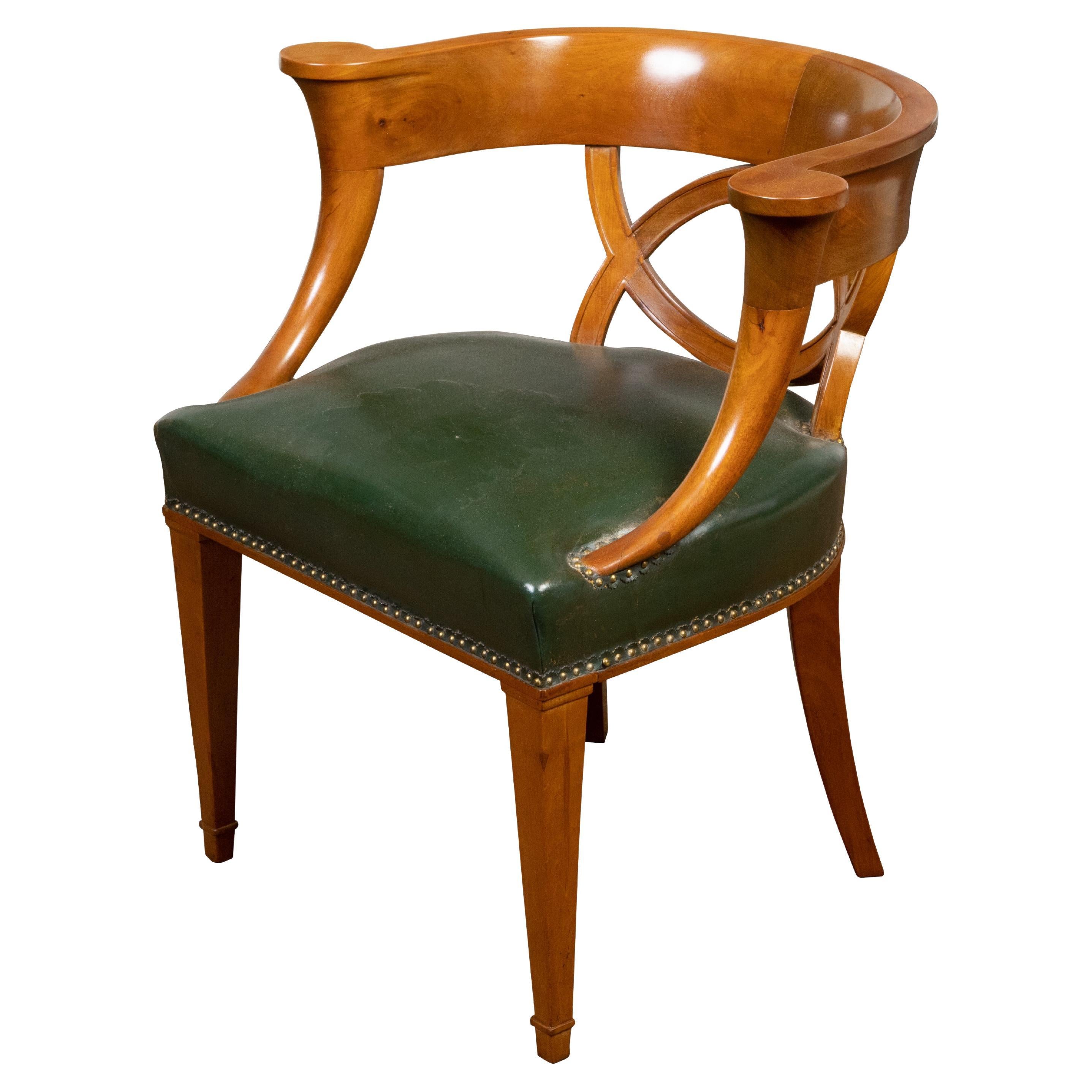 Biedermeier Period 19th Century Horseshoe Back Armchair with Green Upholstery