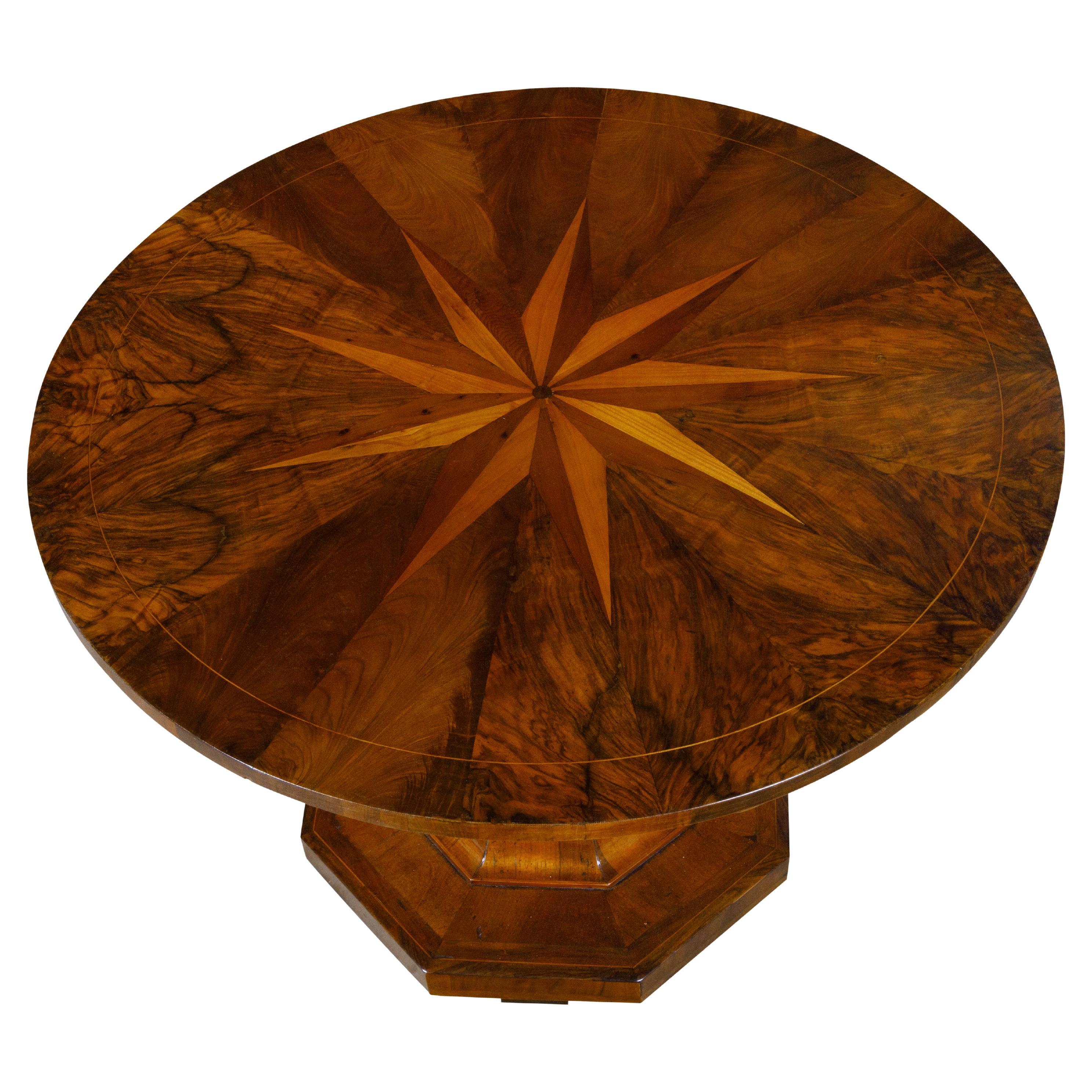 Biedermeier Period 19th Century Walnut Pedestal Table with Marquetry Top 