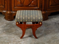 Biedermeier Period 19th Century Walnut Stool with Gilt Rosettes and Upholstery