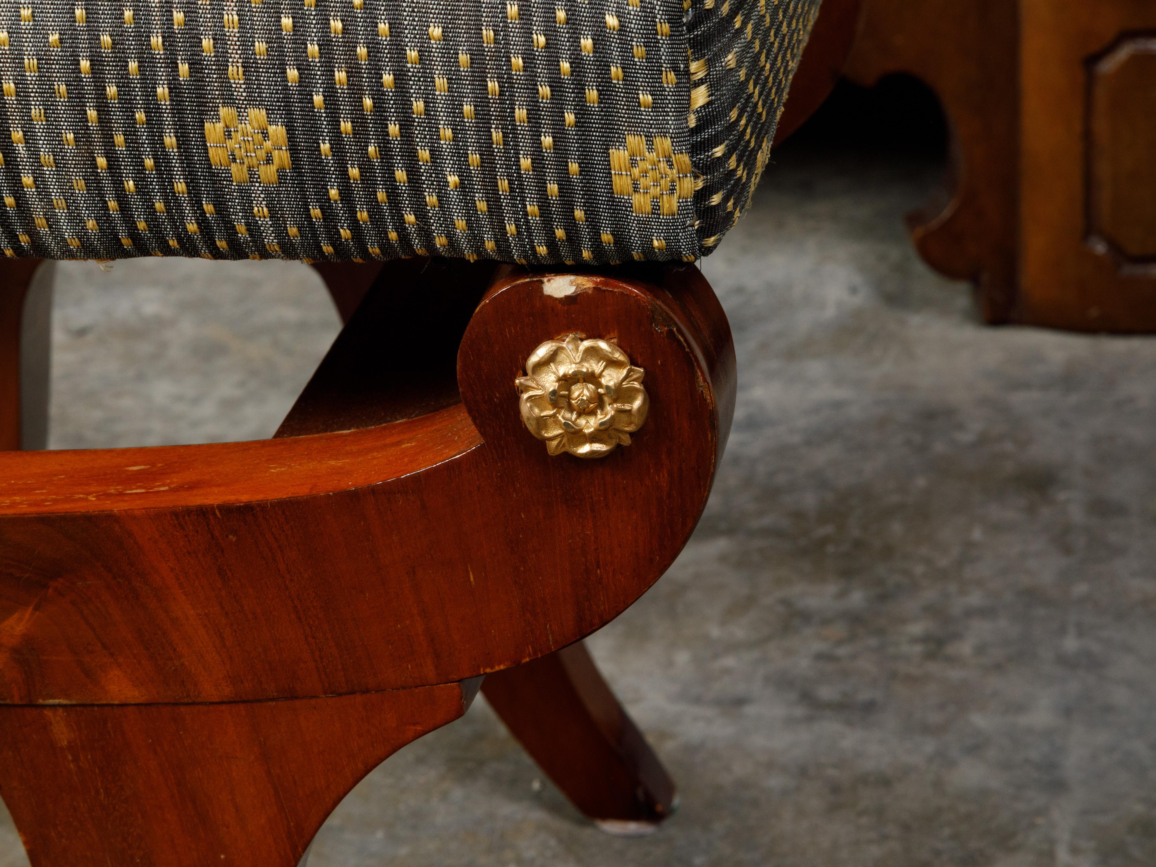 Veneer Biedermeier Period 19th Century Walnut Stool with Gilt Rosettes and Upholstery For Sale