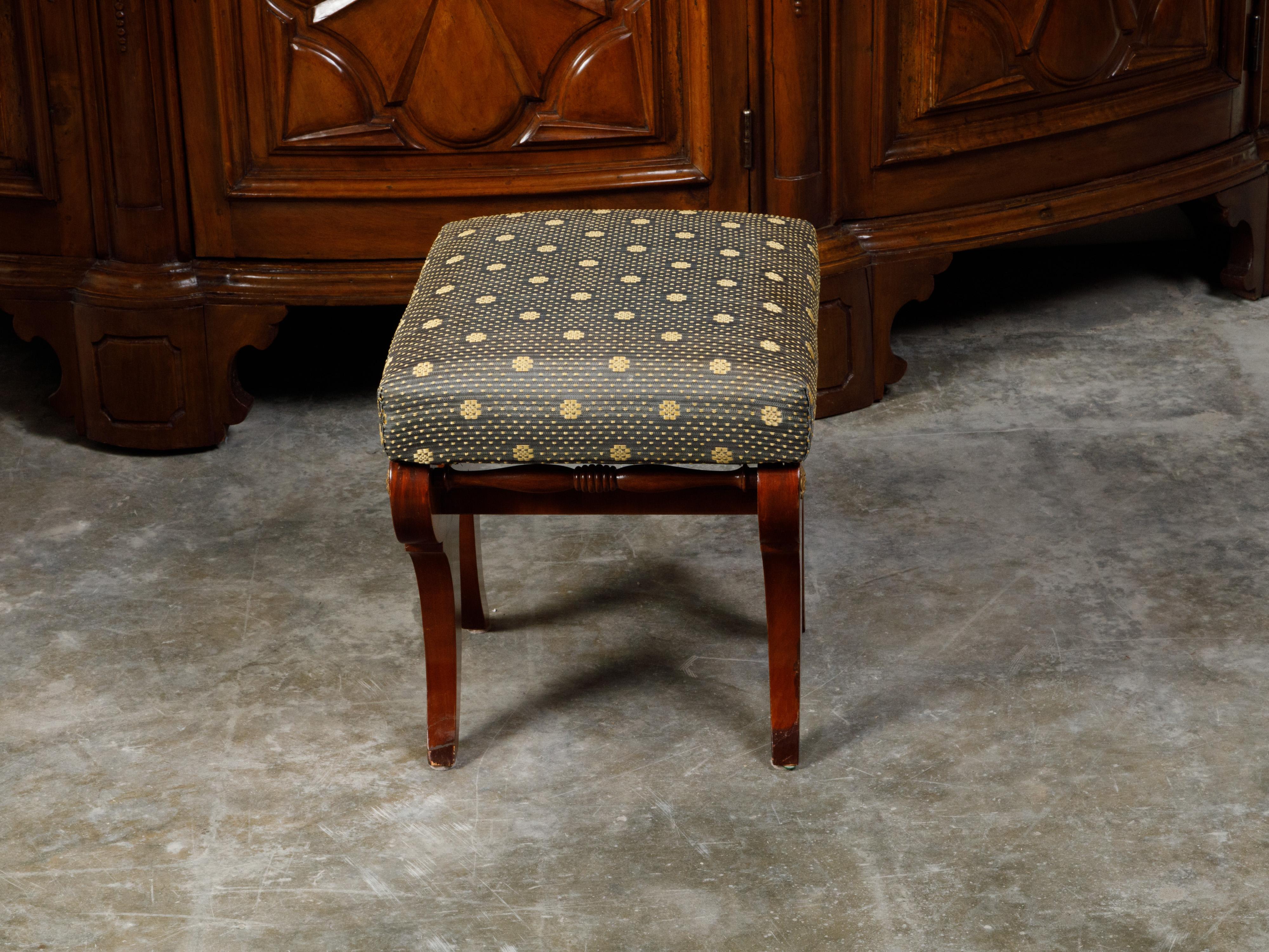 Biedermeier Period 19th Century Walnut Stool with Gilt Rosettes and Upholstery For Sale 1