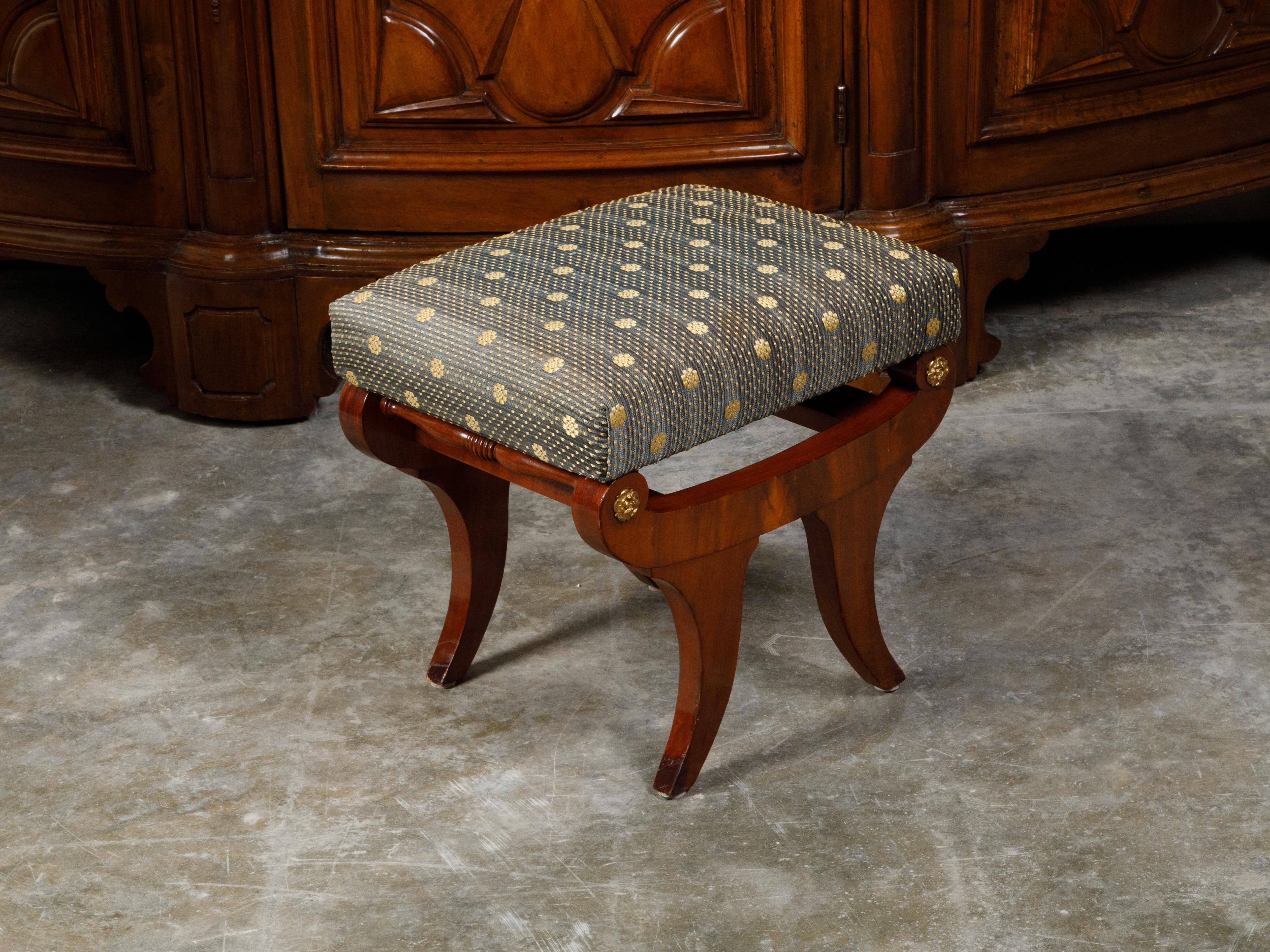 Biedermeier Period 19th Century Walnut Stool with Gilt Rosettes and Upholstery For Sale 2