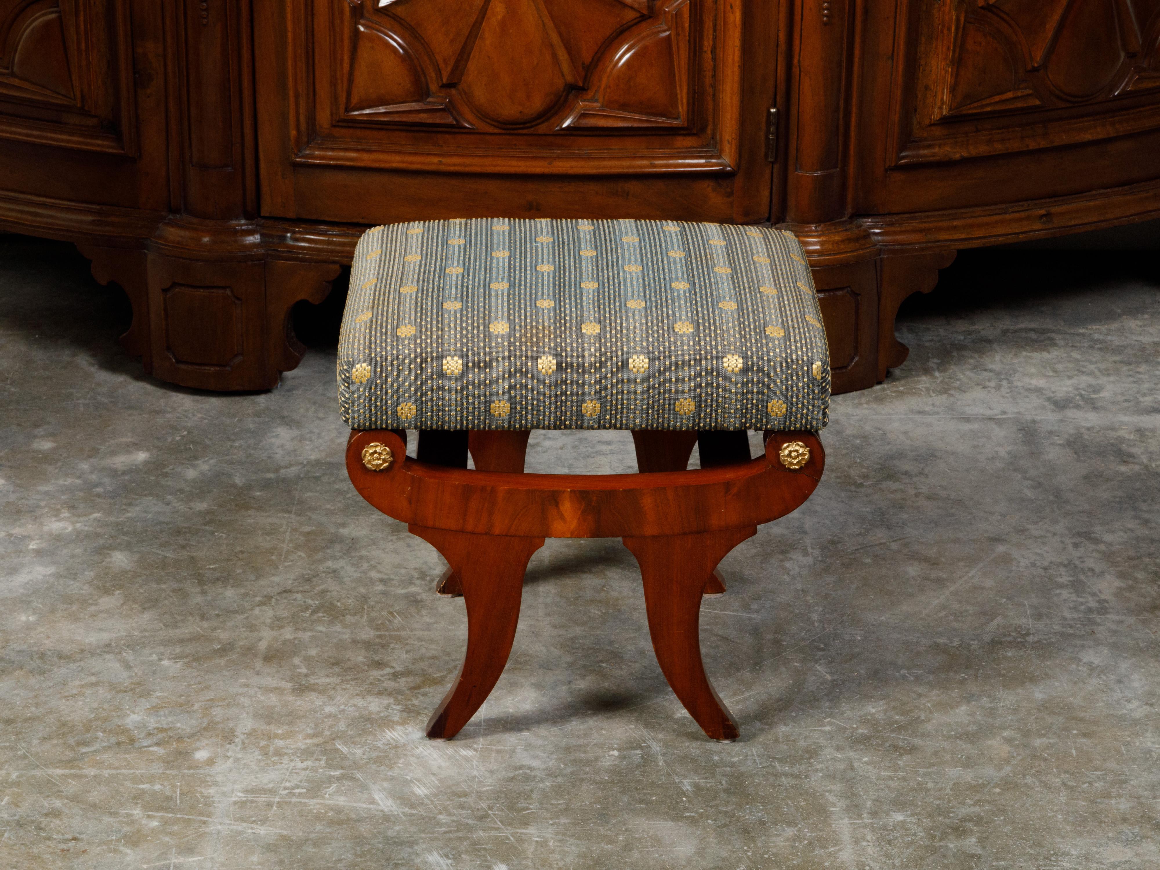 Biedermeier Period 19th Century Walnut Stool with Gilt Rosettes and Upholstery For Sale 3