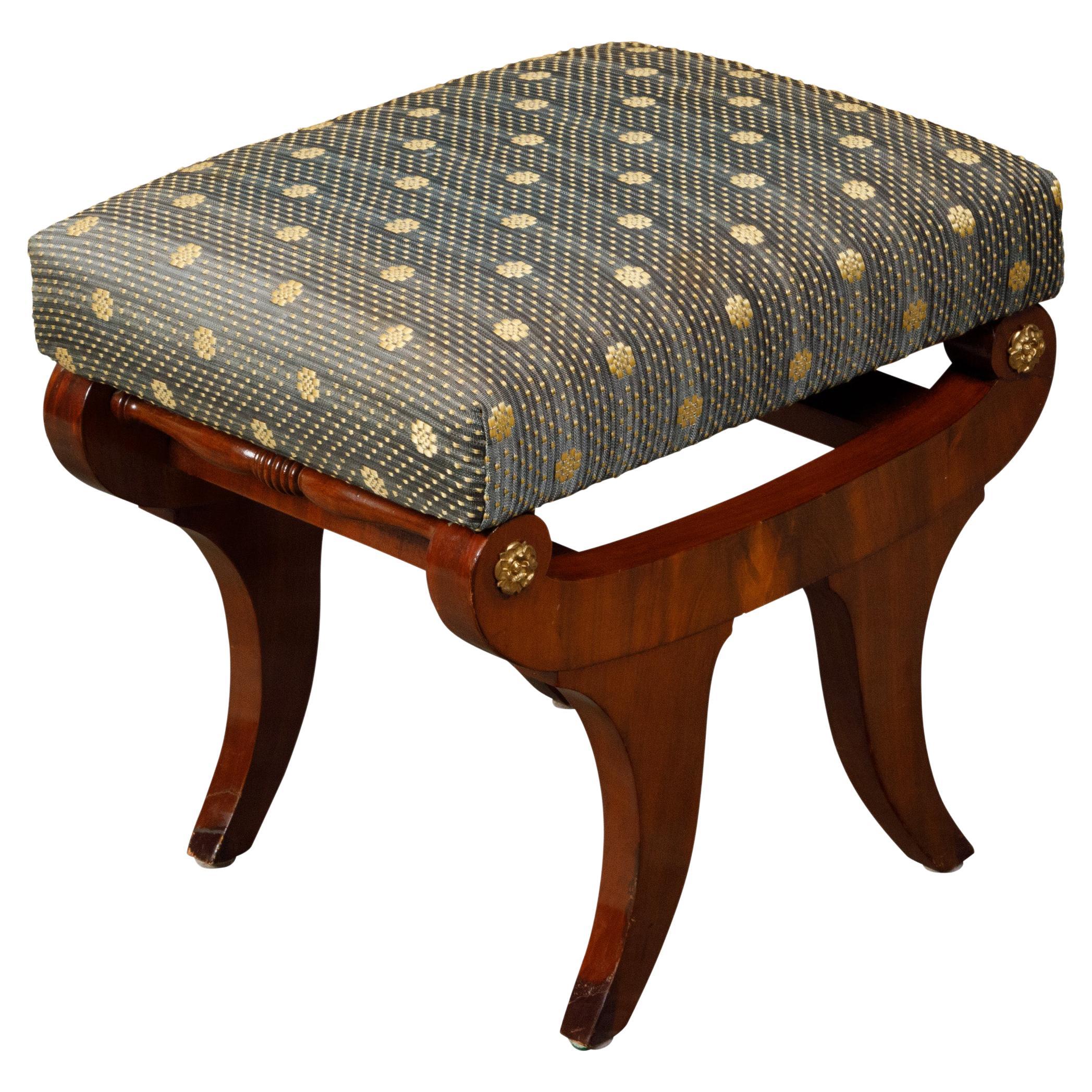 Biedermeier Period 19th Century Walnut Stool with Gilt Rosettes and Upholstery