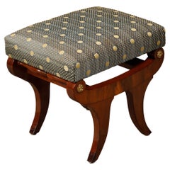 Antique Biedermeier Period 19th Century Walnut Stool with Gilt Rosettes and Upholstery