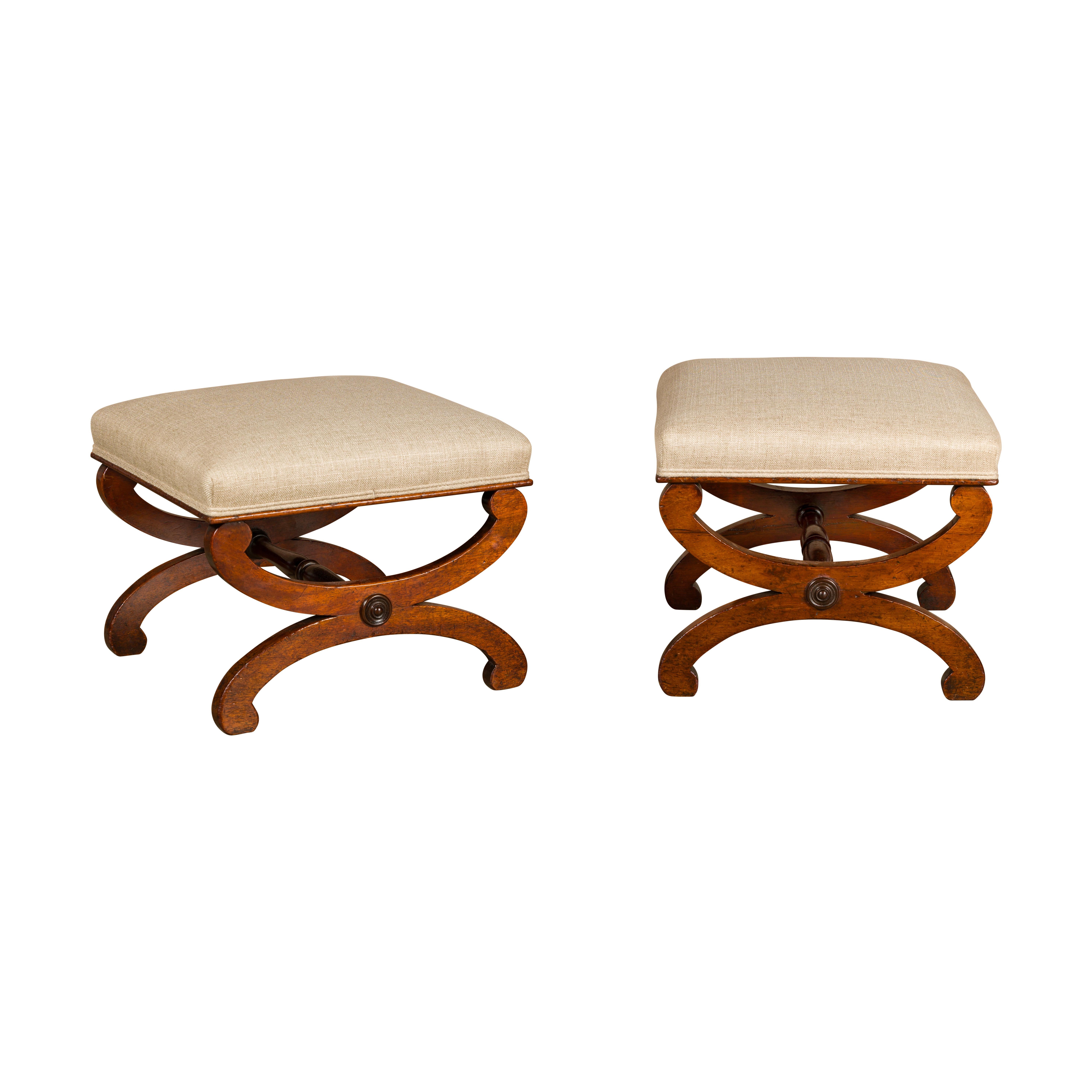 Biedermeier Period 19th Century Walnut Stools with X-Form Bases, a Pair For Sale 7