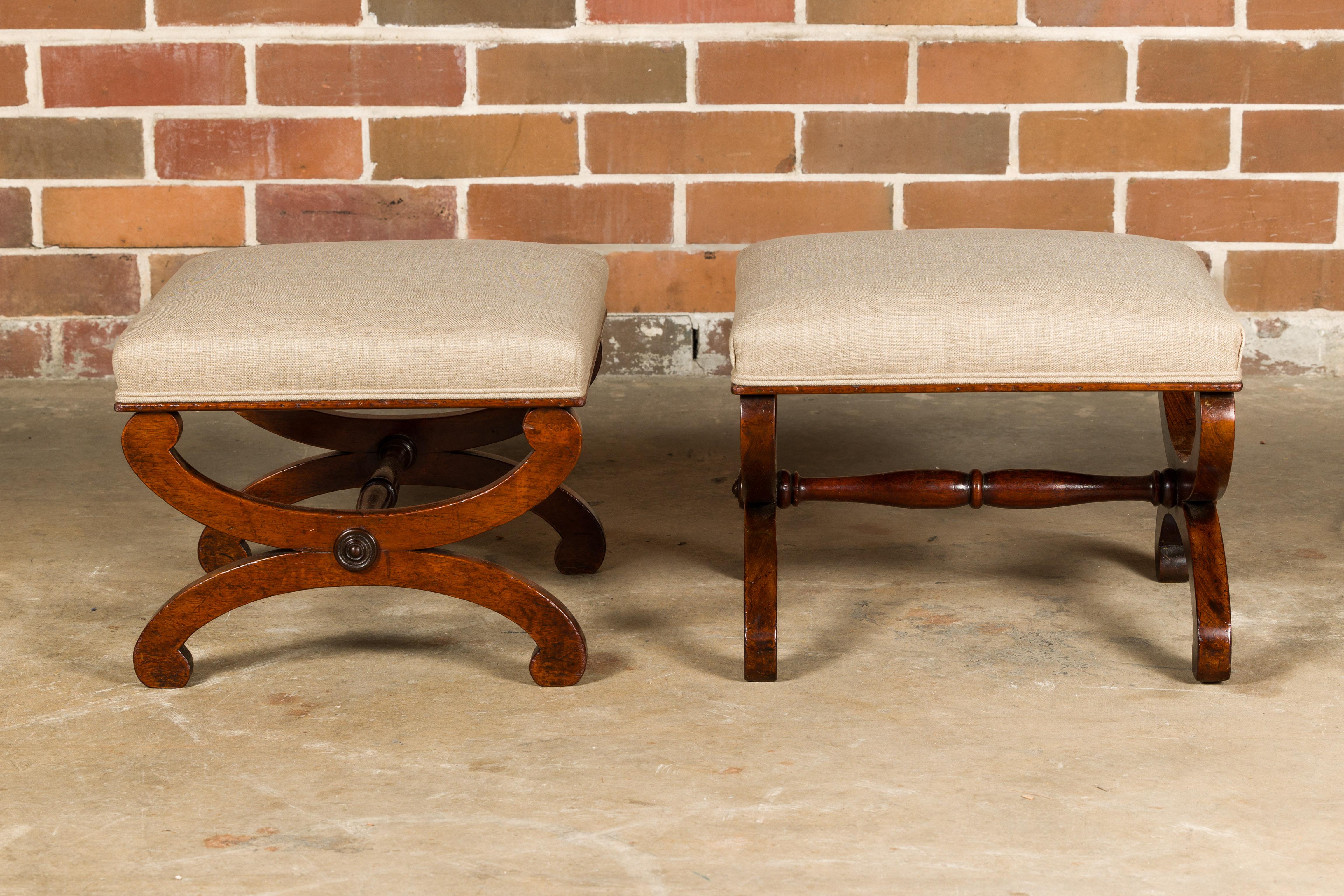 Carved Biedermeier Period 19th Century Walnut Stools with X-Form Bases, a Pair For Sale