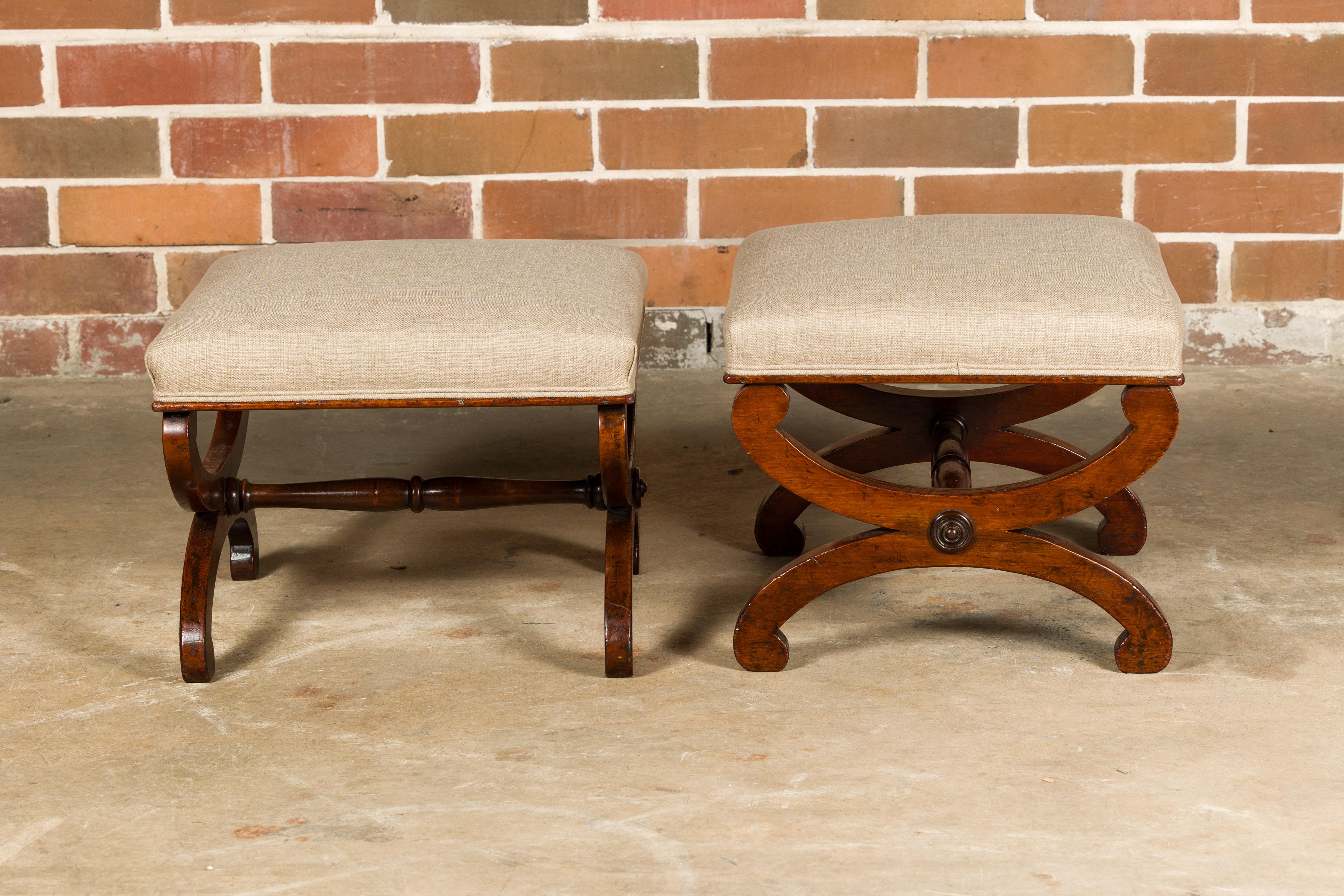 Biedermeier Period 19th Century Walnut Stools with X-Form Bases, a Pair In Good Condition For Sale In Atlanta, GA