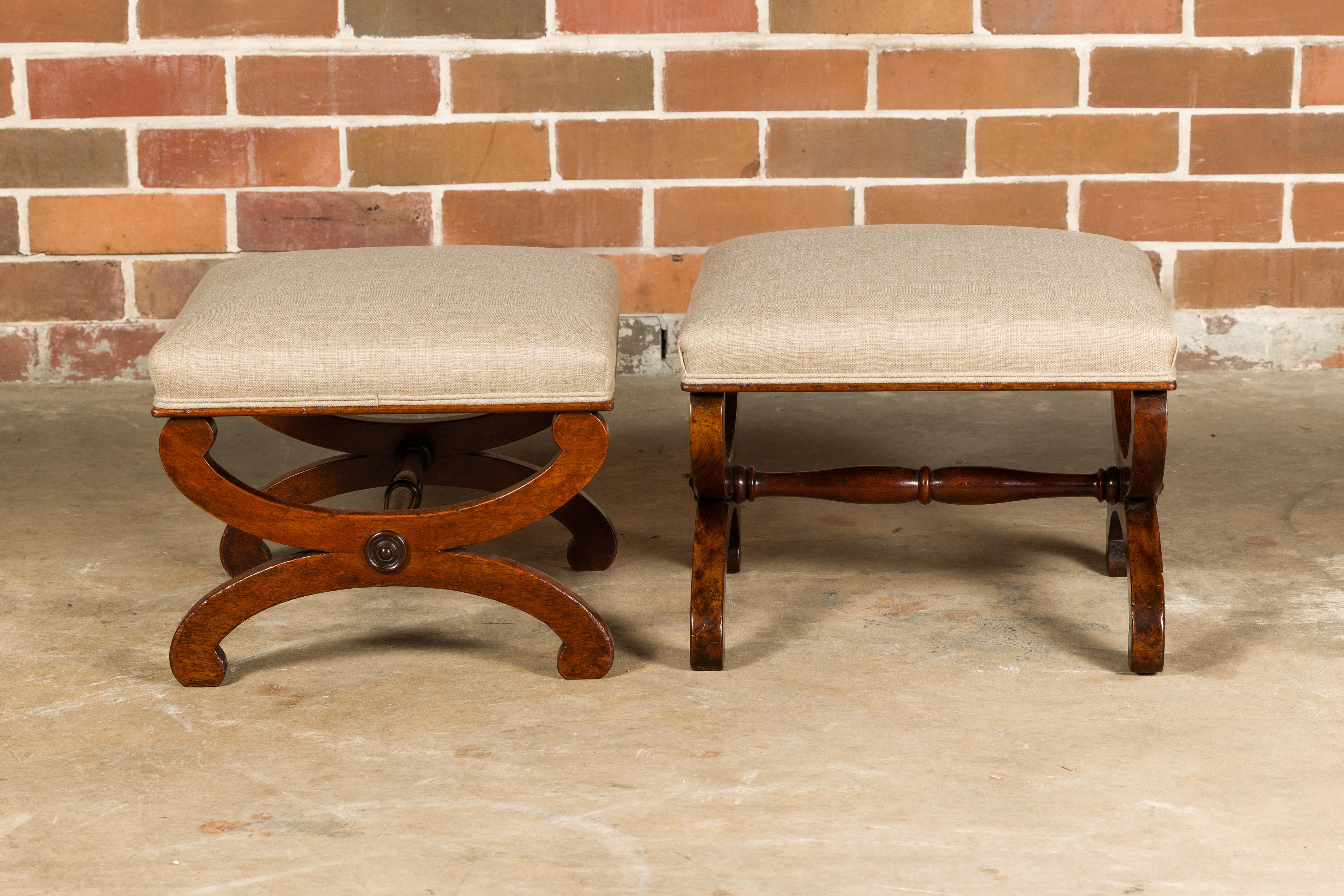 Linen Biedermeier Period 19th Century Walnut Stools with X-Form Bases, a Pair For Sale
