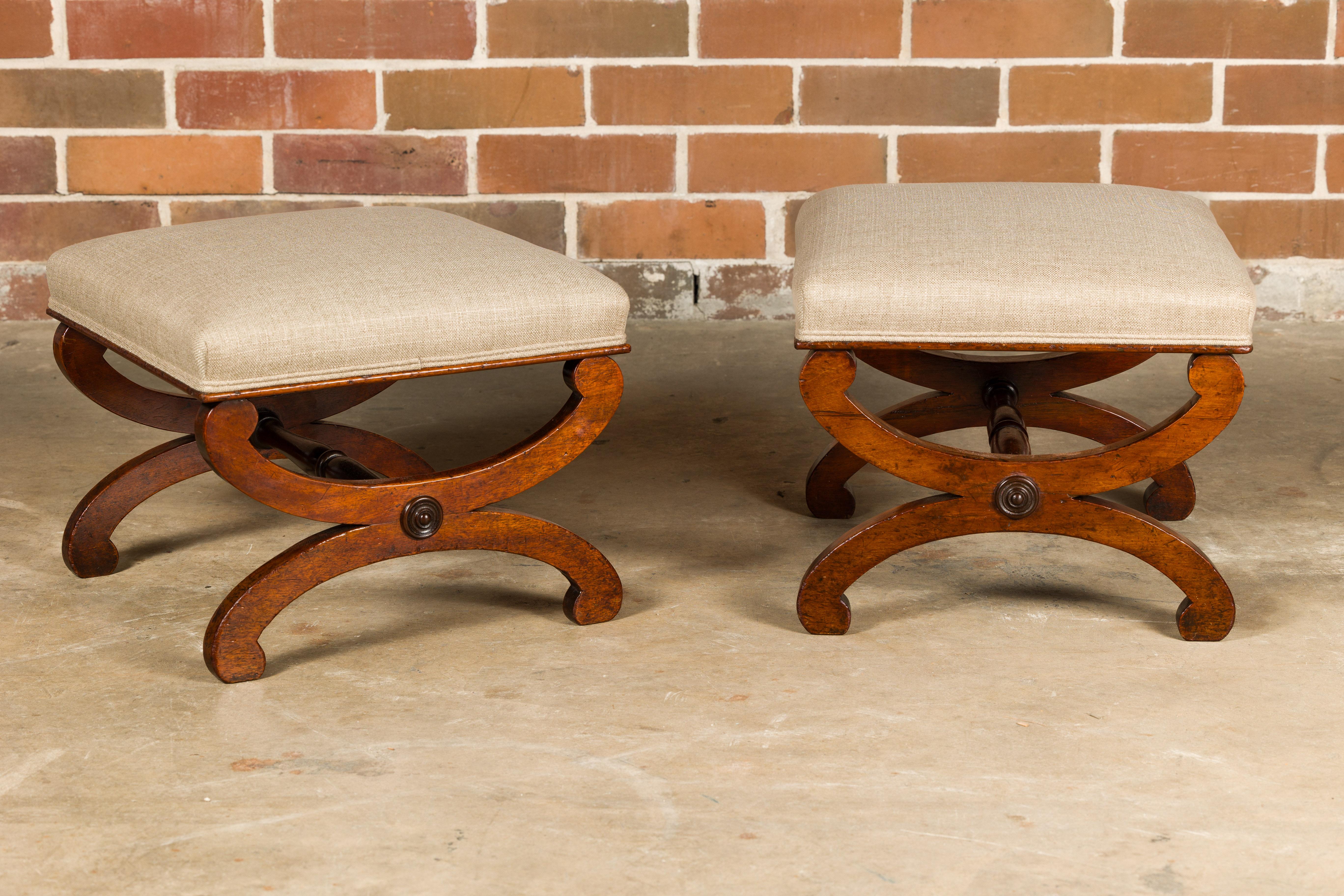 Biedermeier Period 19th Century Walnut Stools with X-Form Bases, a Pair For Sale 1
