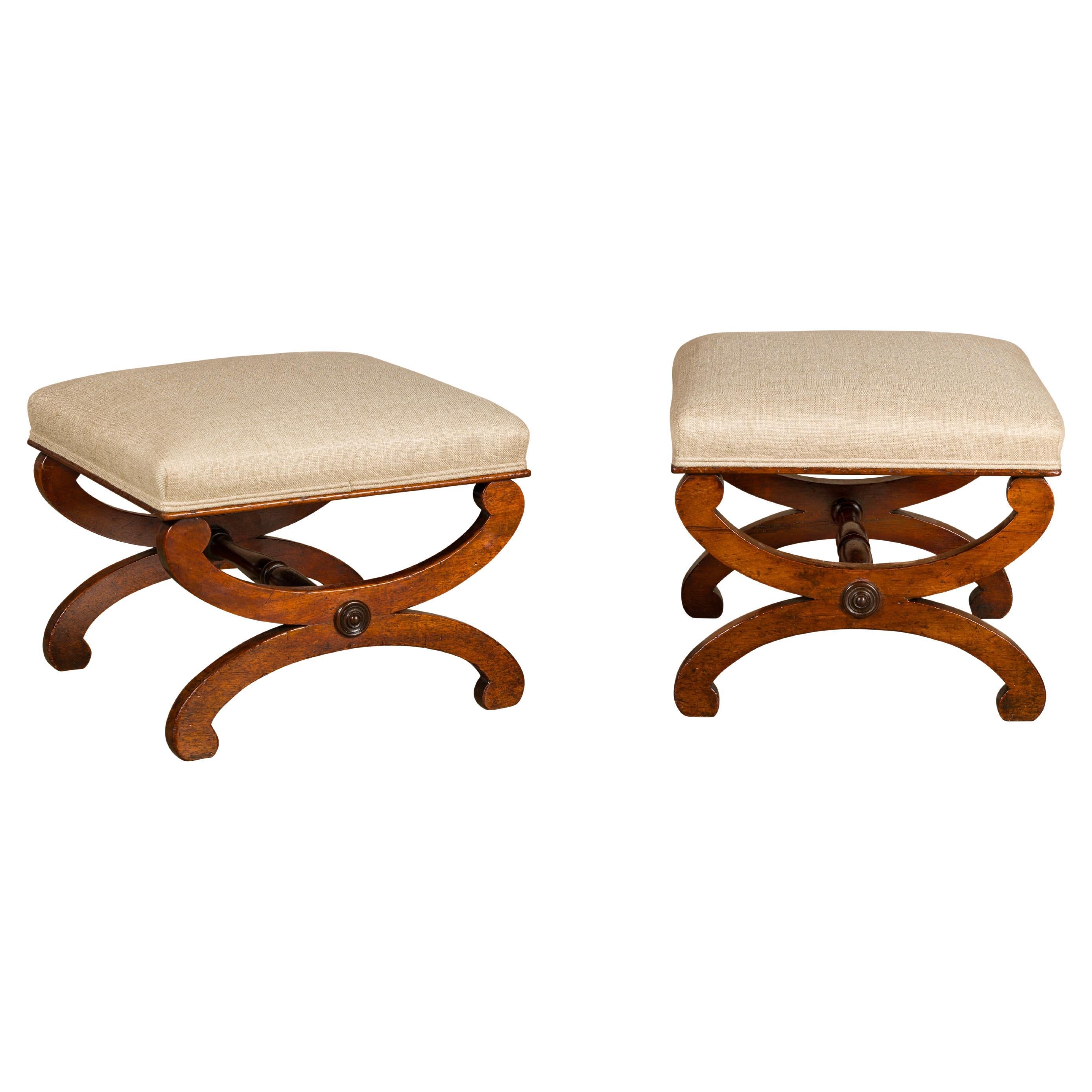 Biedermeier Period 19th Century Walnut Stools with X-Form Bases, a Pair For Sale