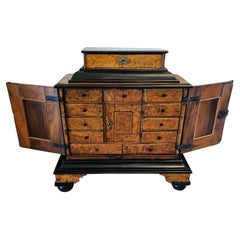 Antique Biedermeier Period Burlwood Table Cabinet Of Curiosities Wunderkammer 19th C.