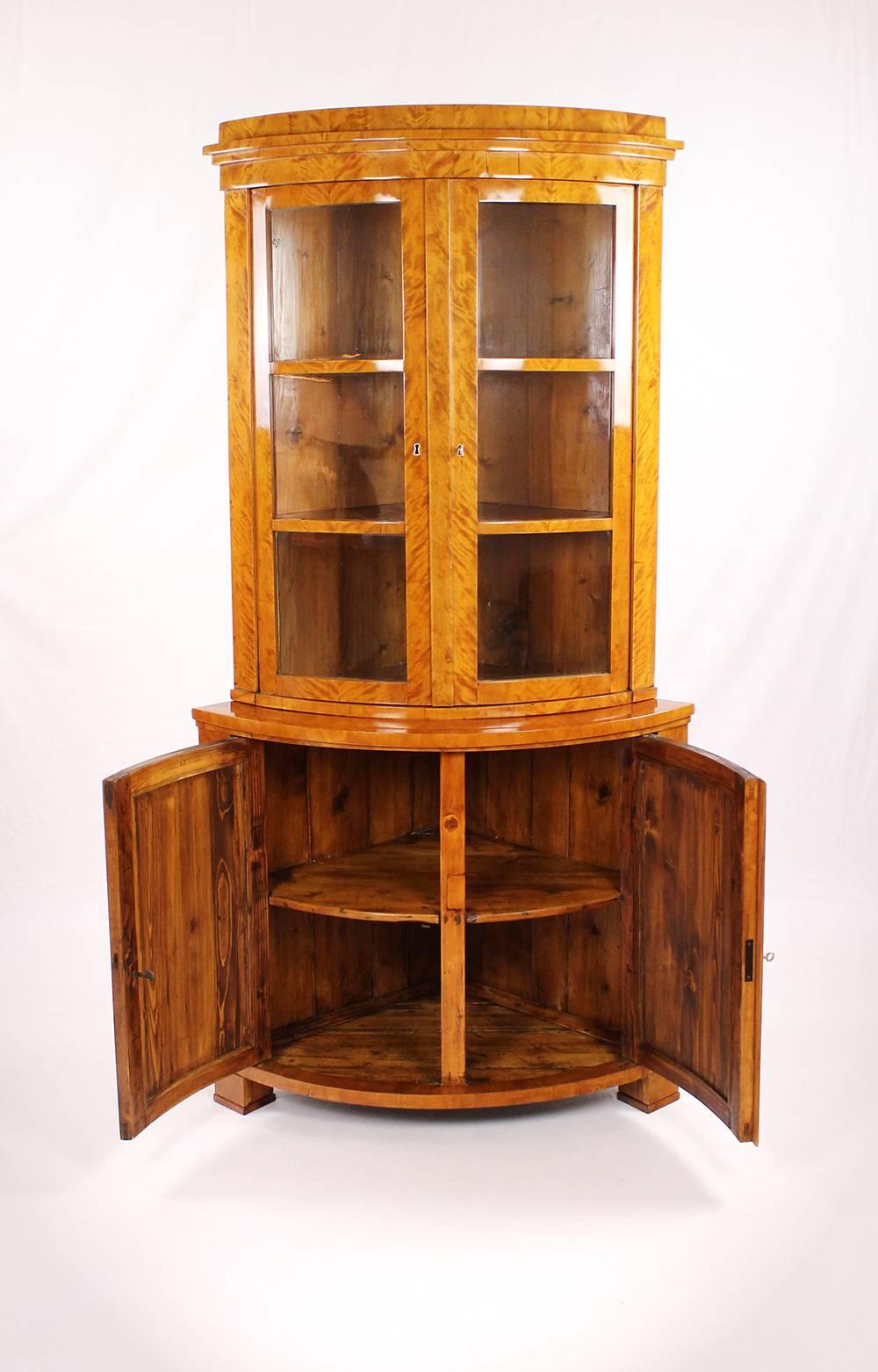 Mid-19th Century Biedermeier Period Corner Cupboard, Glass Cabinet, Vitrine, circa 1830-1840 For Sale