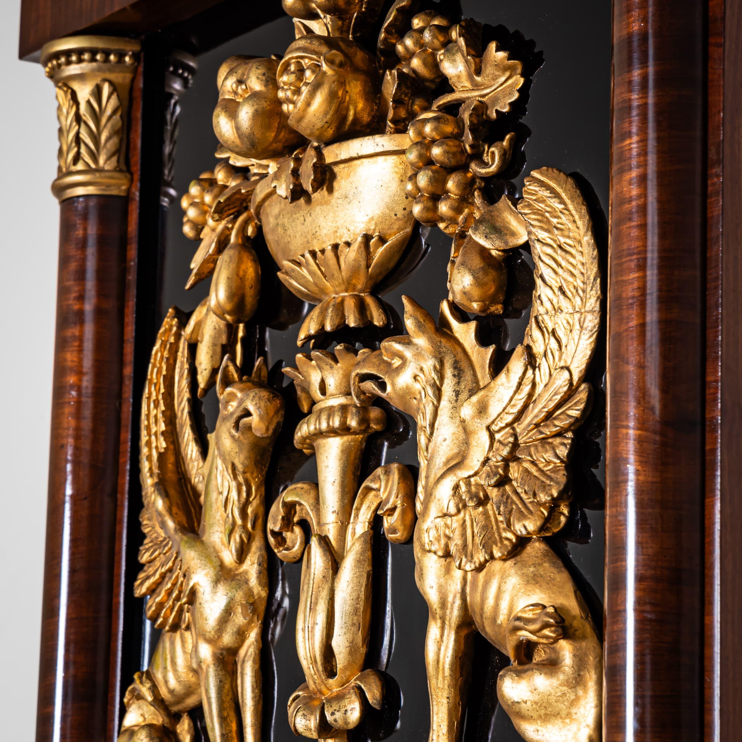 Ebonized Biedermeier Pier Mirror with Griffin Decoration, circa 1840 For Sale