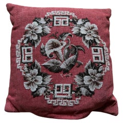 Antique Biedermeier Pillow with Bead Embroidery in Grisaille Tones