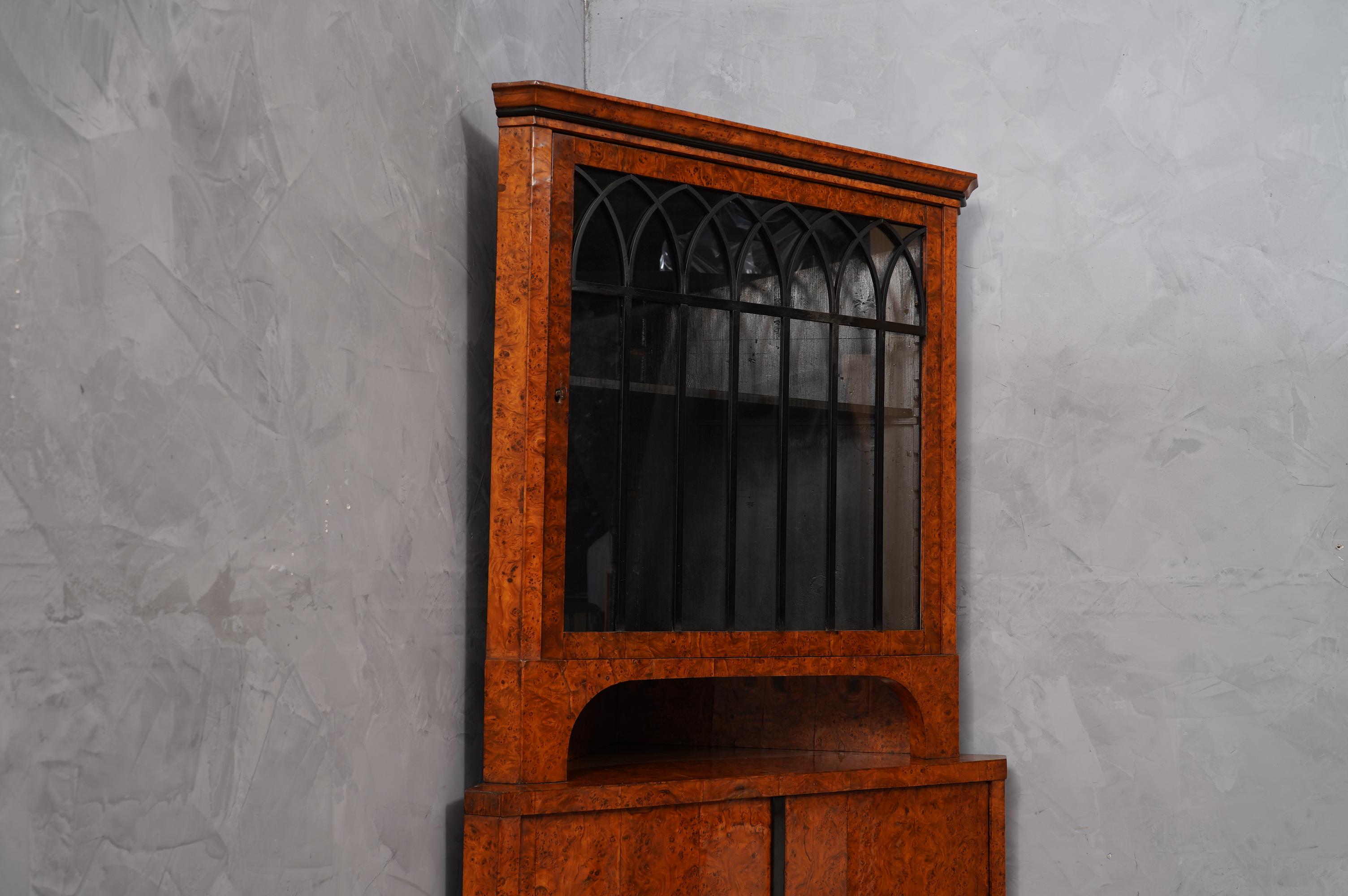 Early 19th Century Biedermeier Poplar Briar Wood Austrian Corner Cabinet, 1820 For Sale