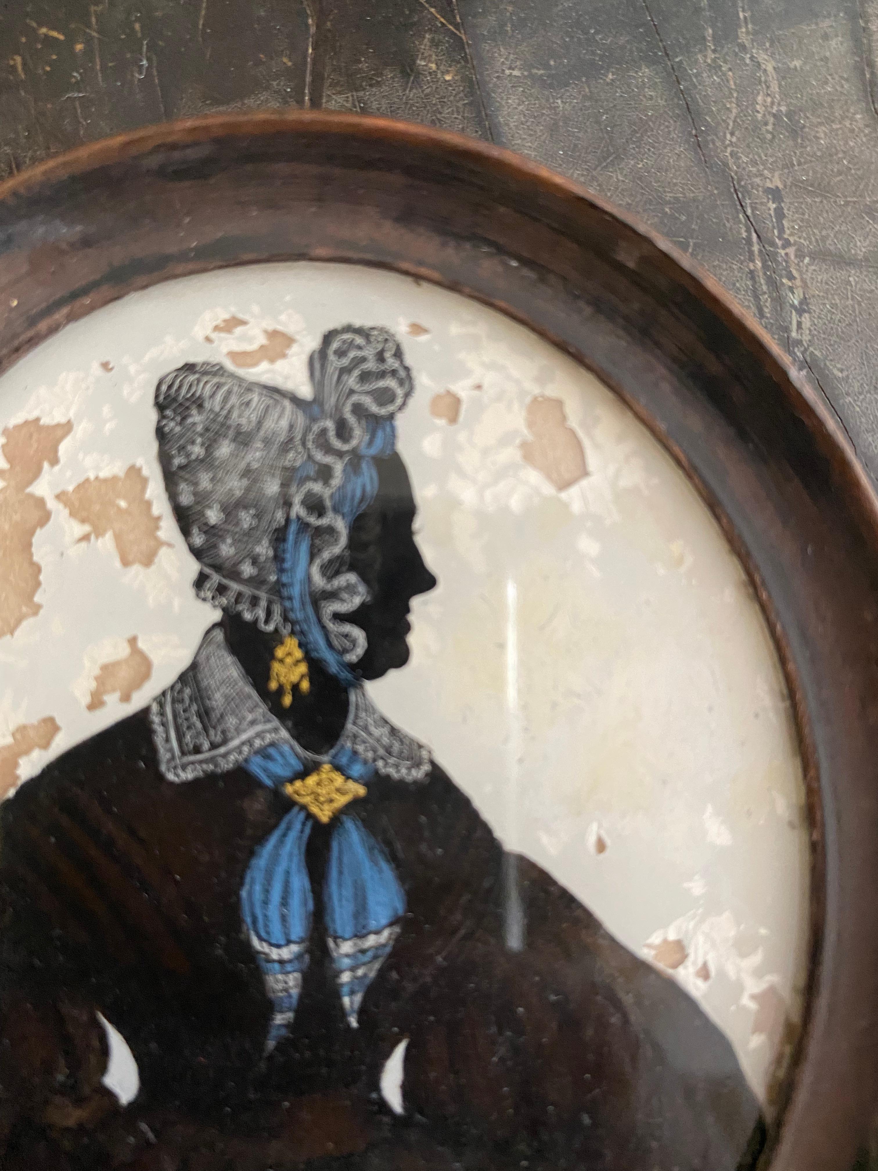 Early 19th Century Biedermeier Reverse Glass Painting, Silhouette Portrait of a Lady For Sale