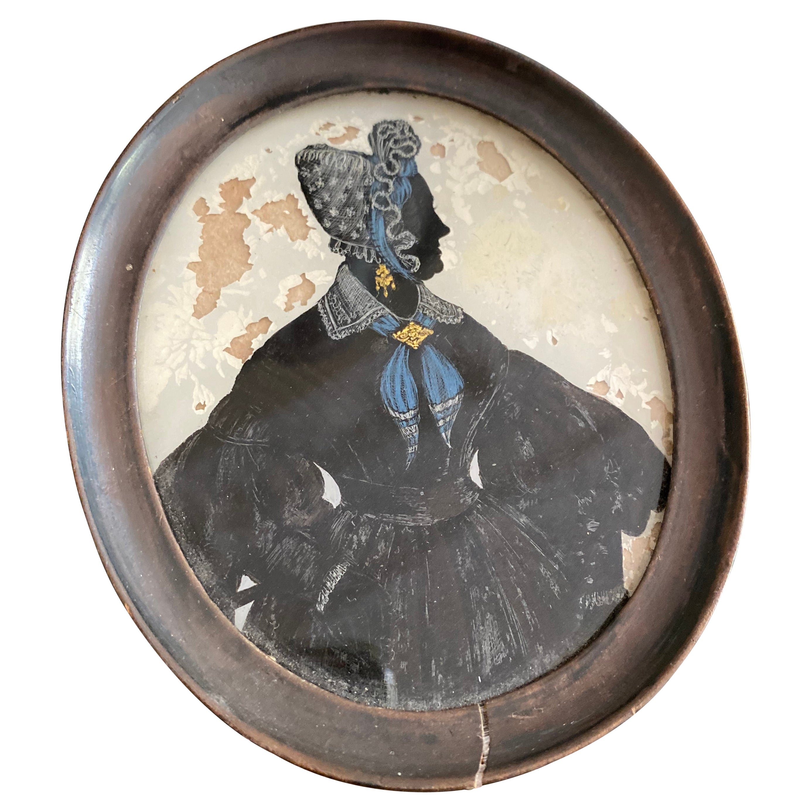 Biedermeier-Reverse-Glasgemälde, Silhouette-Porträt einer Dame