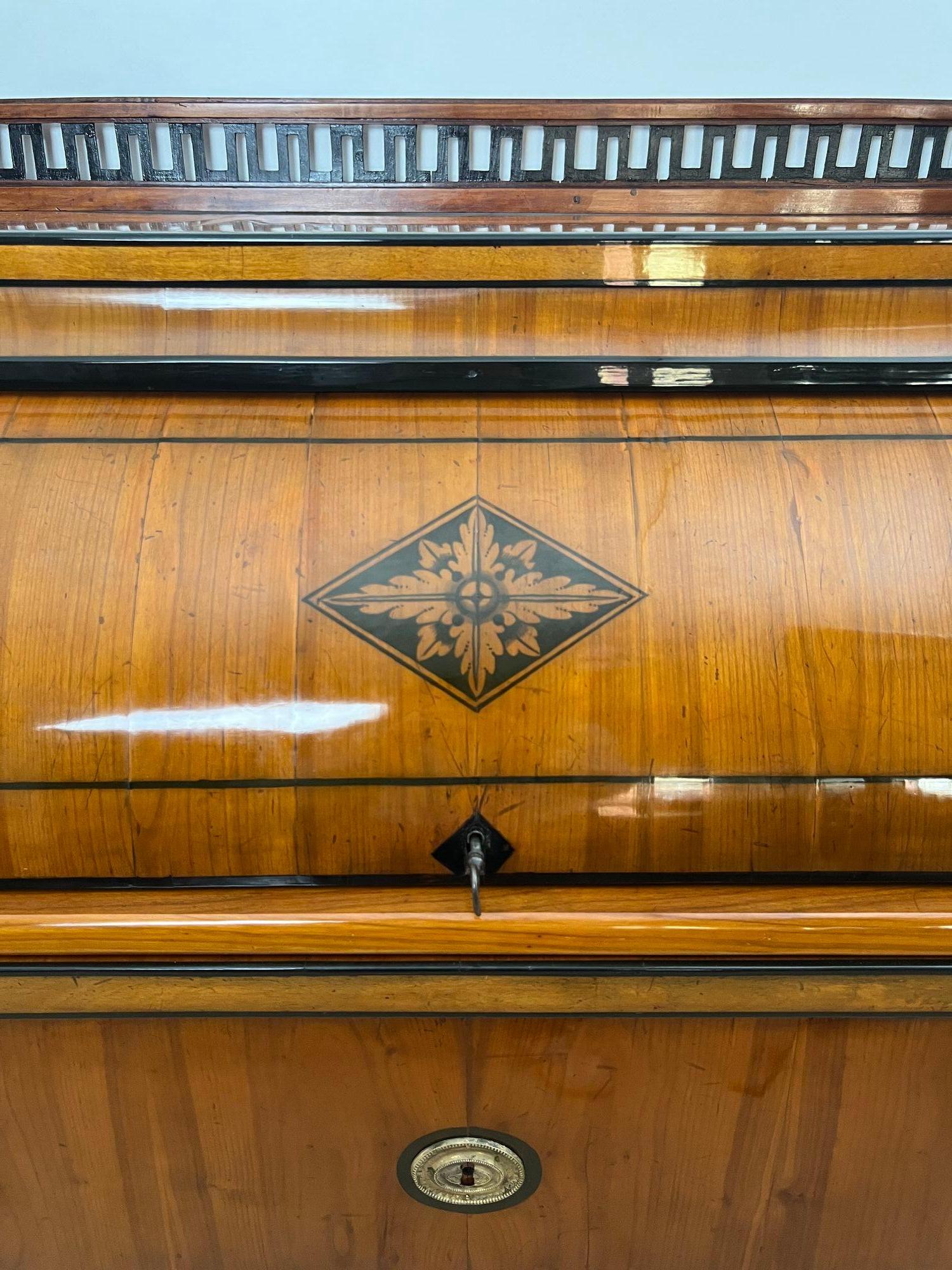Biedermeier Roll-Top Desk, Cherry Veneer, Brass, Ink, South Germany circa 1820 For Sale 8