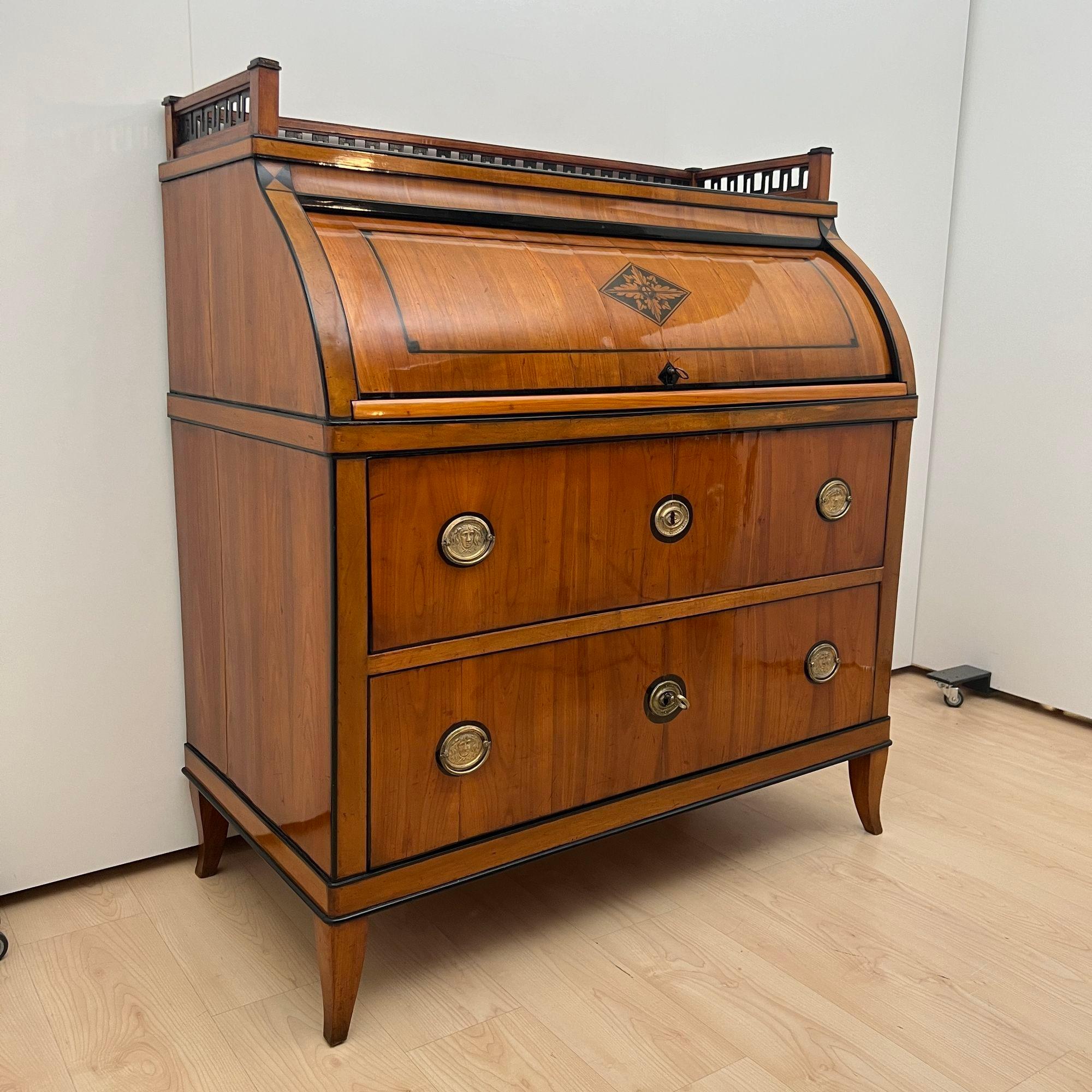 Ebonized Biedermeier Roll-Top Desk, Cherry Veneer, Brass, Ink, South Germany circa 1820 For Sale