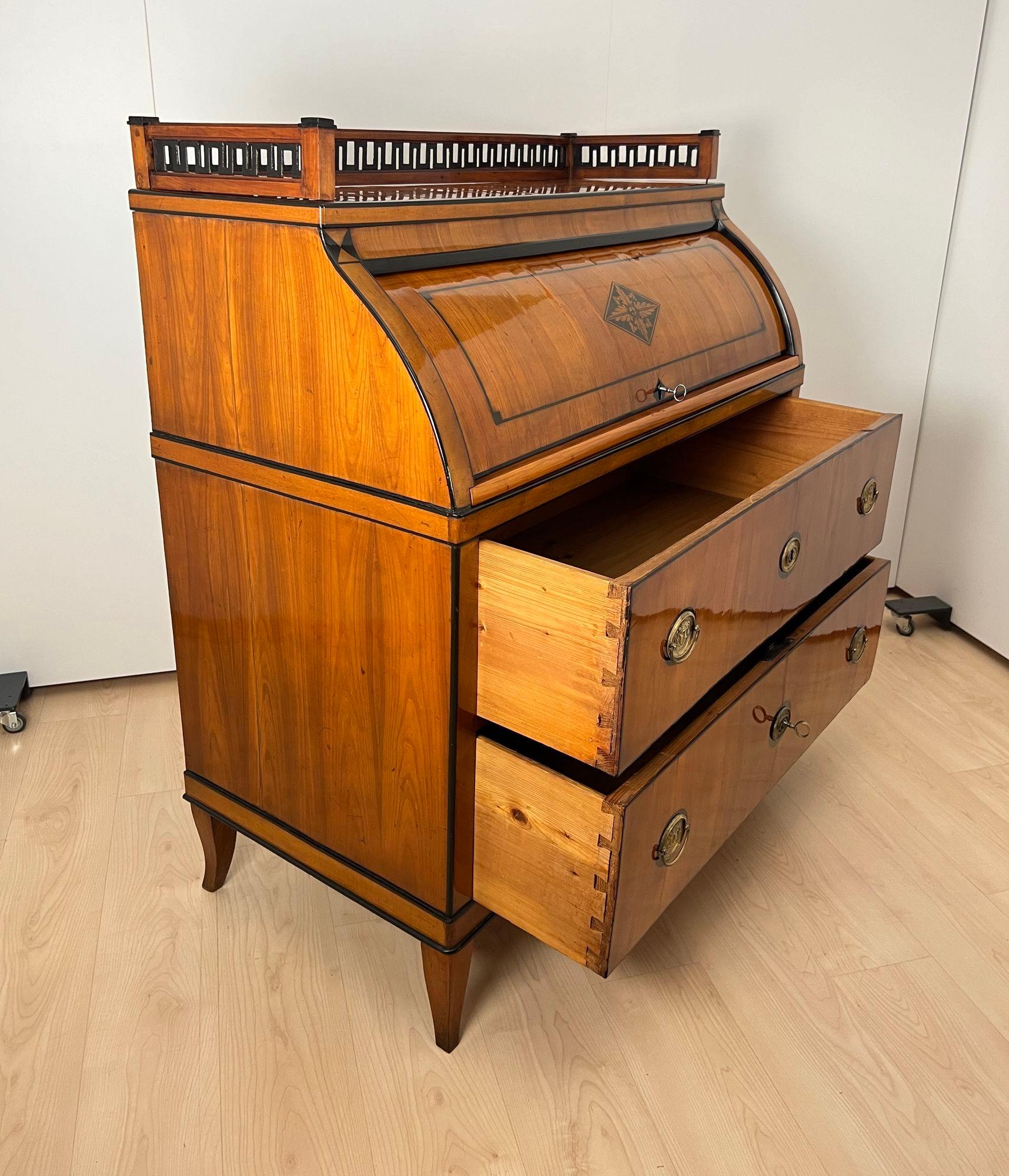 Early 19th Century Biedermeier Roll-Top Desk, Cherry Veneer, Brass, Ink, South Germany circa 1820 For Sale