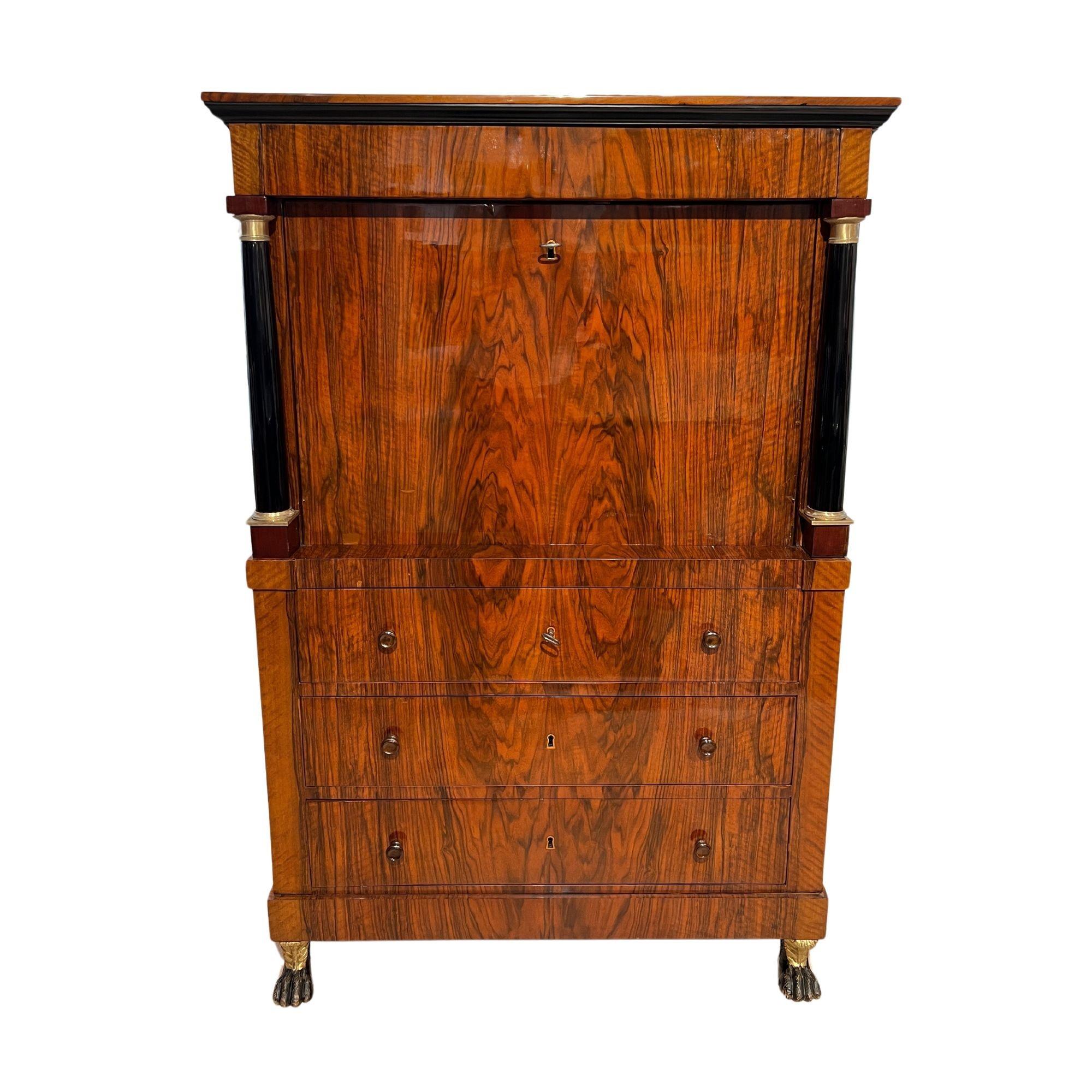 High-quality early Biedermeier Secretaire, Drop-Front or Secretary Desk from Austria around 1820.
 
Walnut veneered on hardwood (walnut and mahogany). Partly ebonized and details veneered in mahogany.
At the front two carved paw feet with old