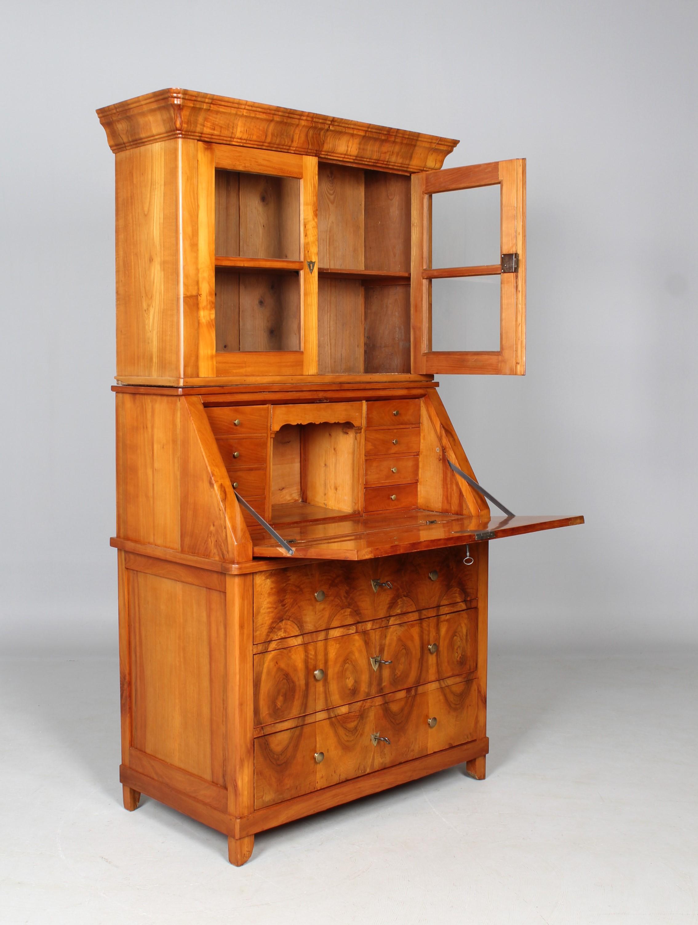 German Biedermeier Secretary, Bookcase, Cherry, Walnut, 1840s For Sale